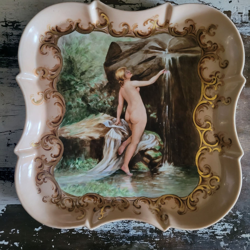 Hand-Painted Limoges Porcelain Plate Nude Woman Waterfall Scene 12.25 x 12.25