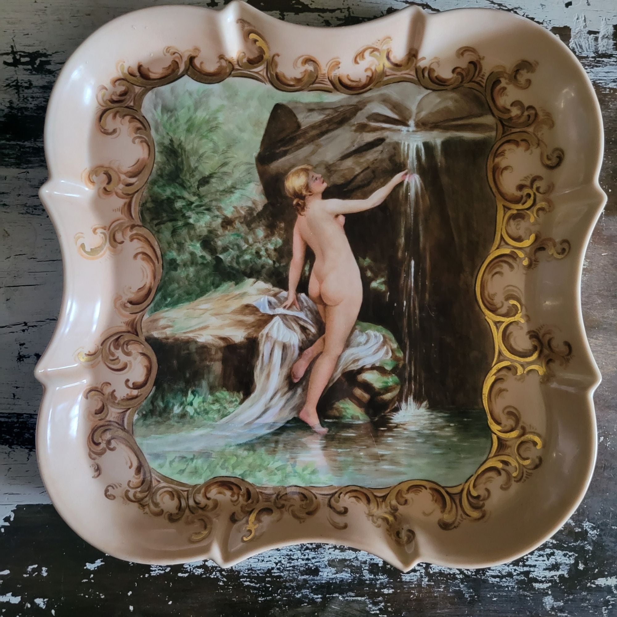 Hand-Painted Limoges Porcelain Plate Nude Woman Waterfall Scene 12.25 x 12.25