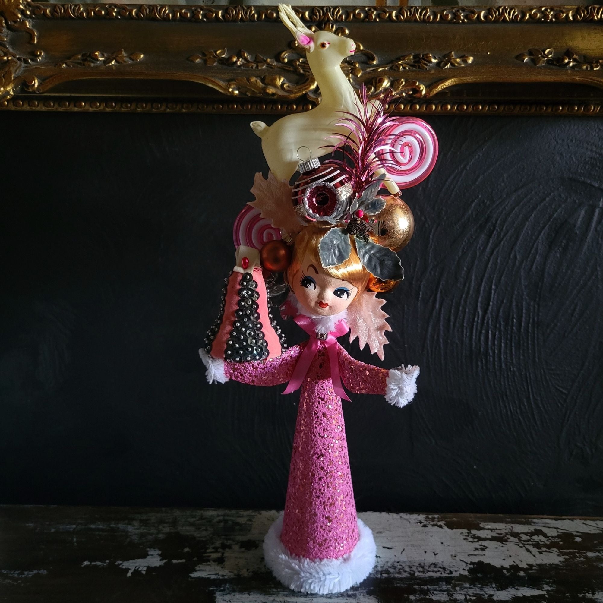 Kitschy Christmas Cone Doll Vtg Doll Head and Ornaments By Rock N Pop Shop