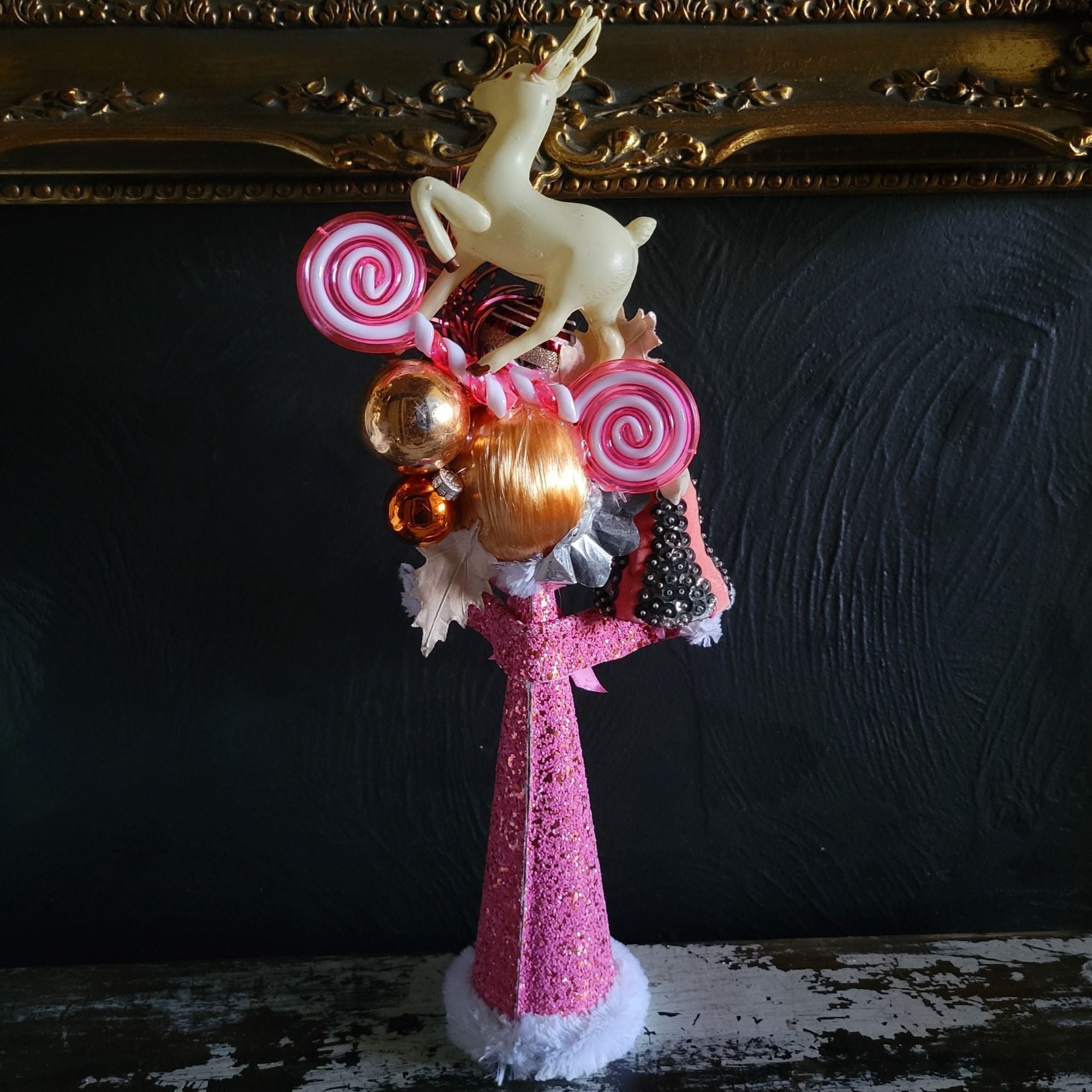 Kitschy Christmas Cone Doll Vtg Doll Head and Ornaments By Rock N Pop Shop