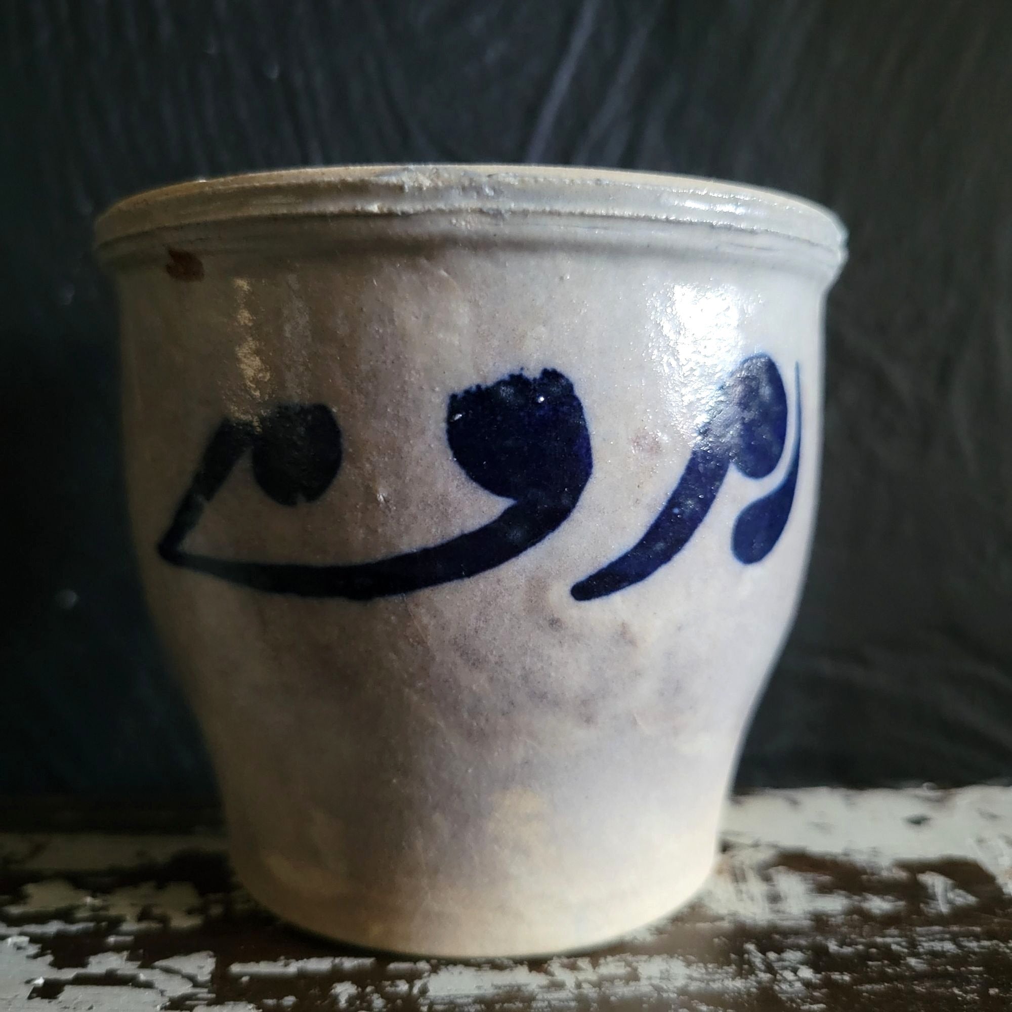 Vintage Salt Glaze Pottery Pot Blue Gray Hand Painted Stoneware 3.125"