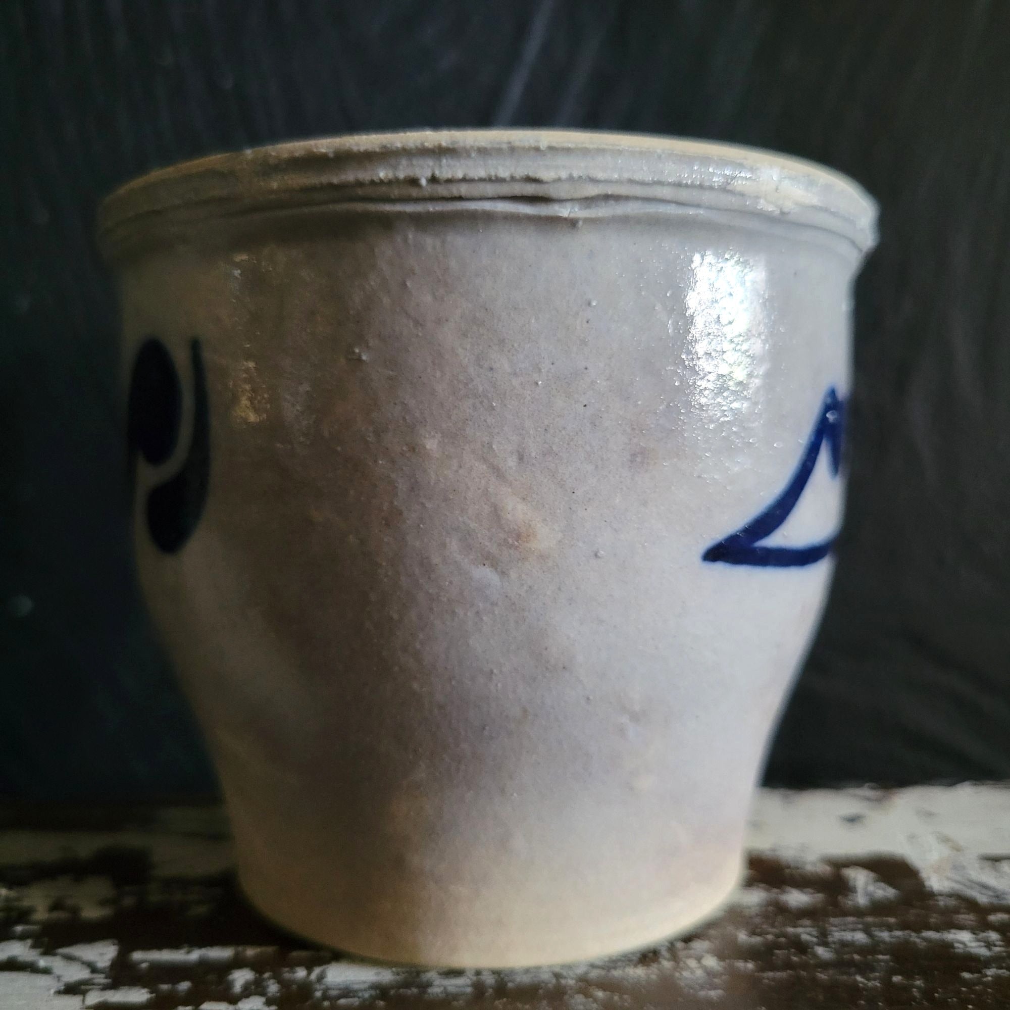 Vintage Salt Glaze Pottery Pot Blue Gray Hand Painted Stoneware 3.125"