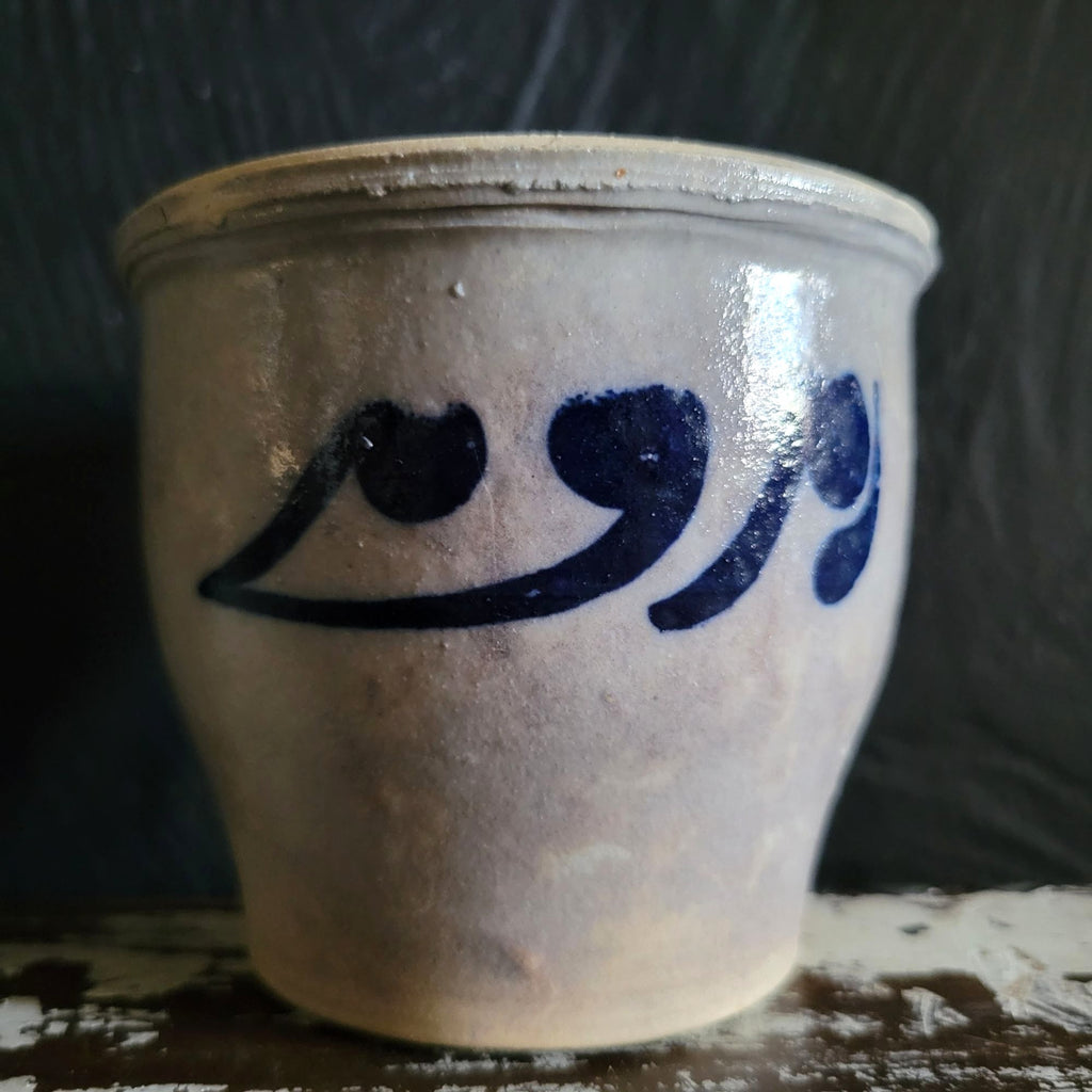 Vintage Salt Glaze Pottery Pot Blue Gray Hand Painted Stoneware 3.125"