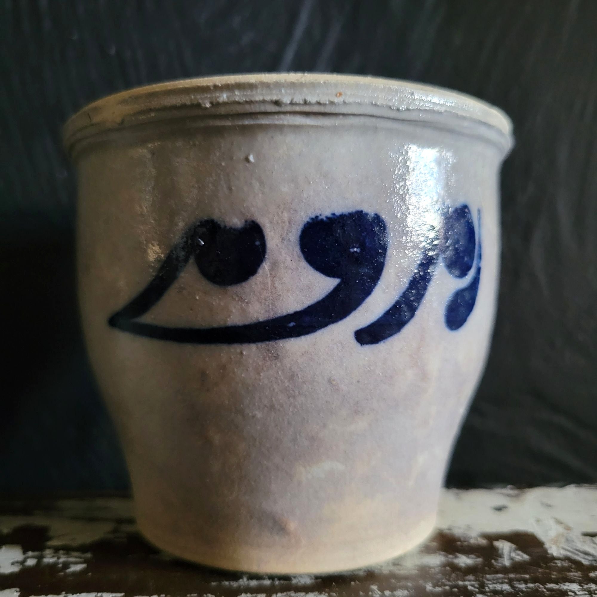 Vintage Salt Glaze Pottery Pot Blue Gray Hand Painted Stoneware 3.125"