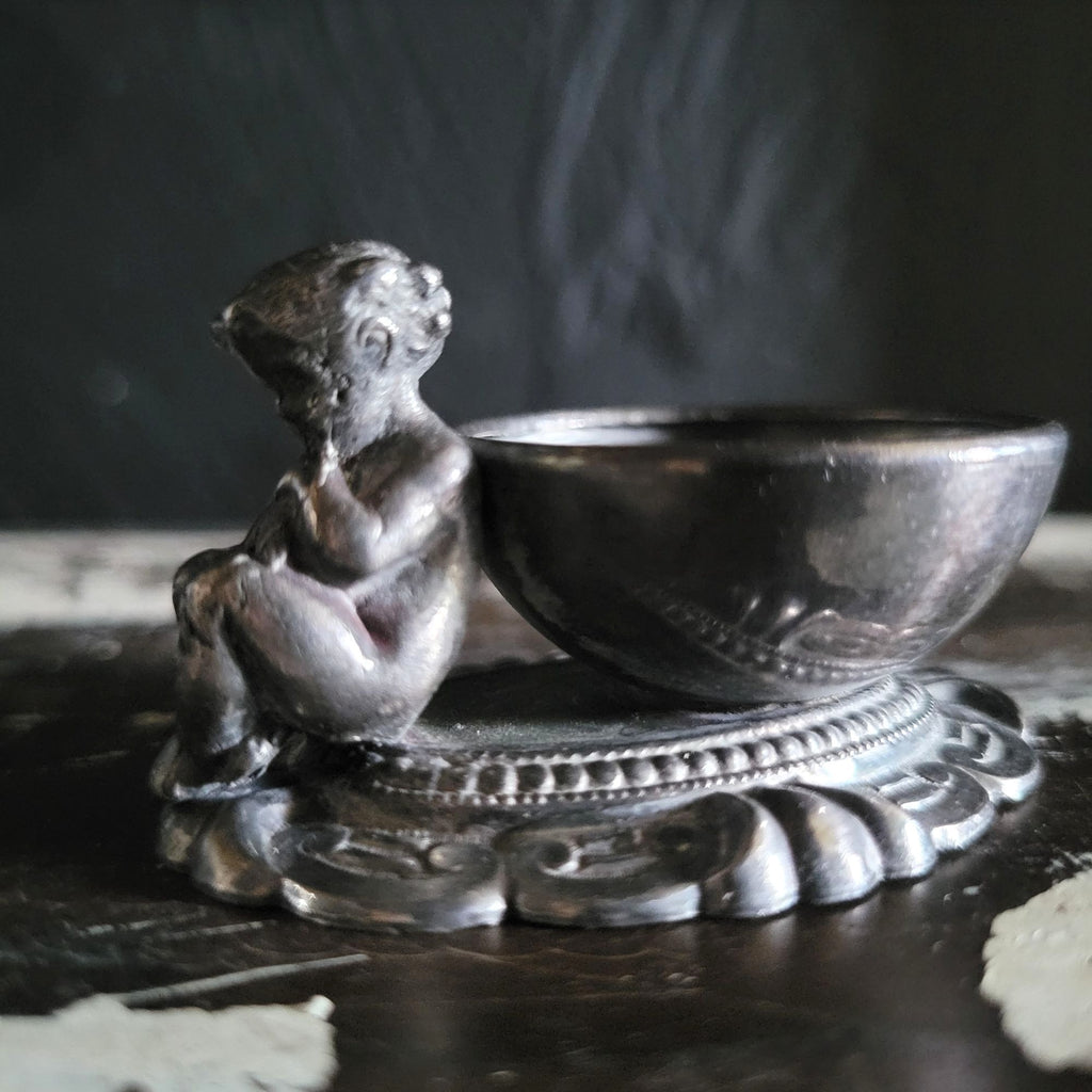 Victorian Salt Cellar Cherub Figurine Ornate Base Antique Tableware