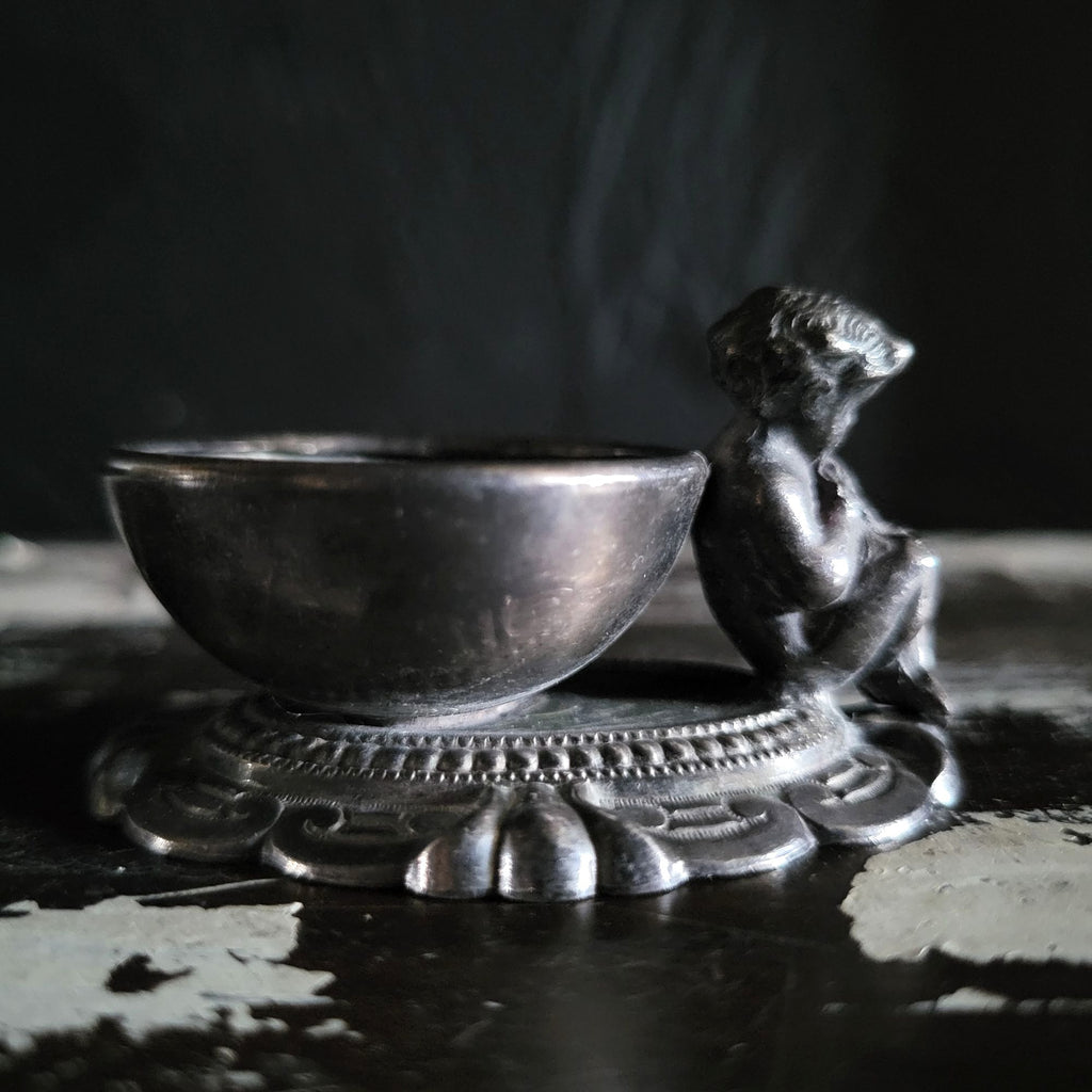 Victorian Salt Cellar Cherub Figurine Ornate Base Antique Tableware