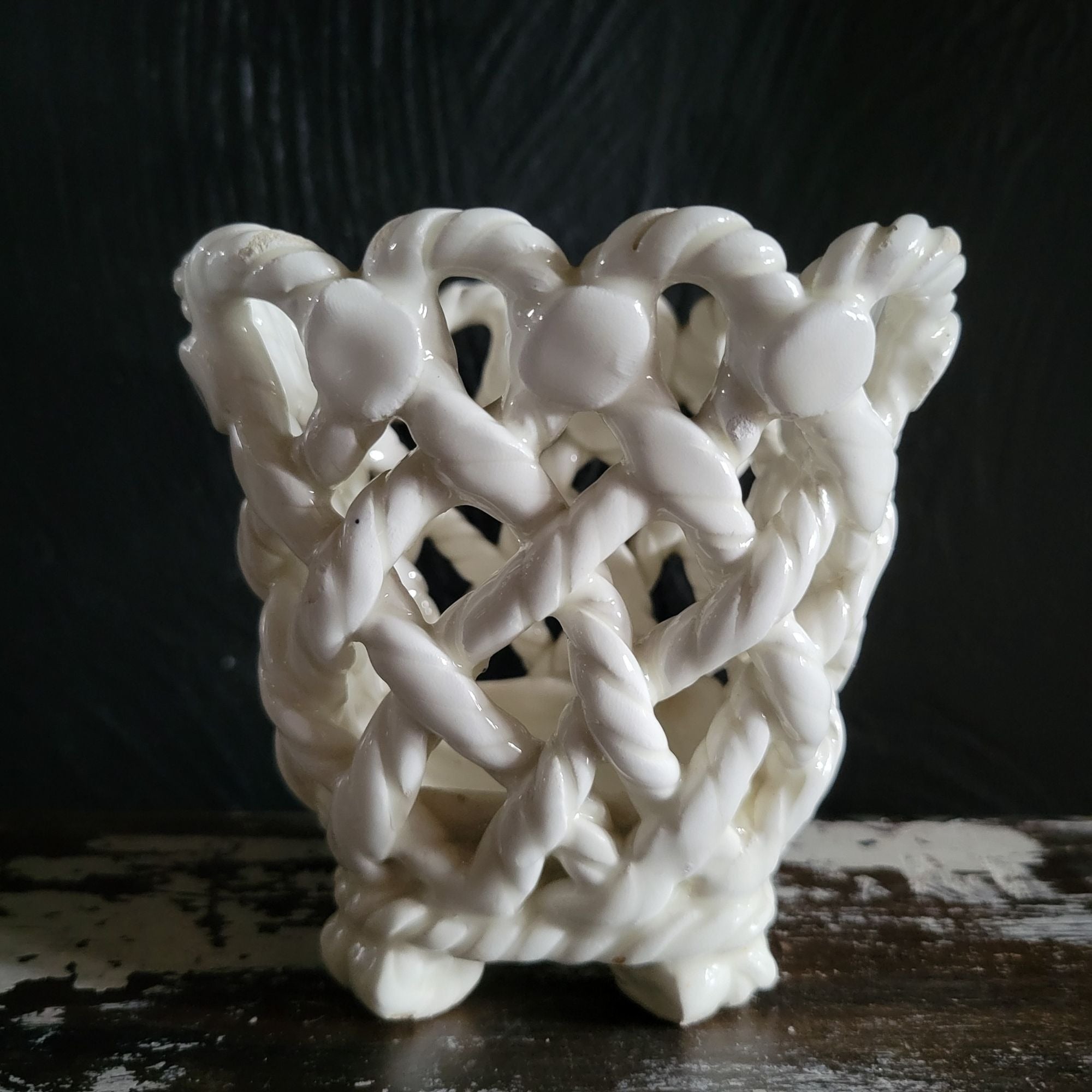 Vintage White Braided Rope Pottery Basket Vase Footed 4.25" Handmade From Spain