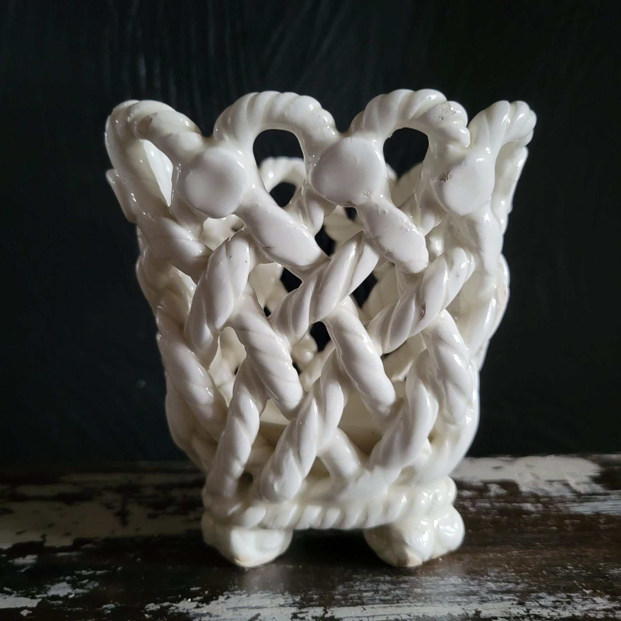 Vintage White Braided Rope Pottery Basket Vase Footed 4.25" Handmade From Spain