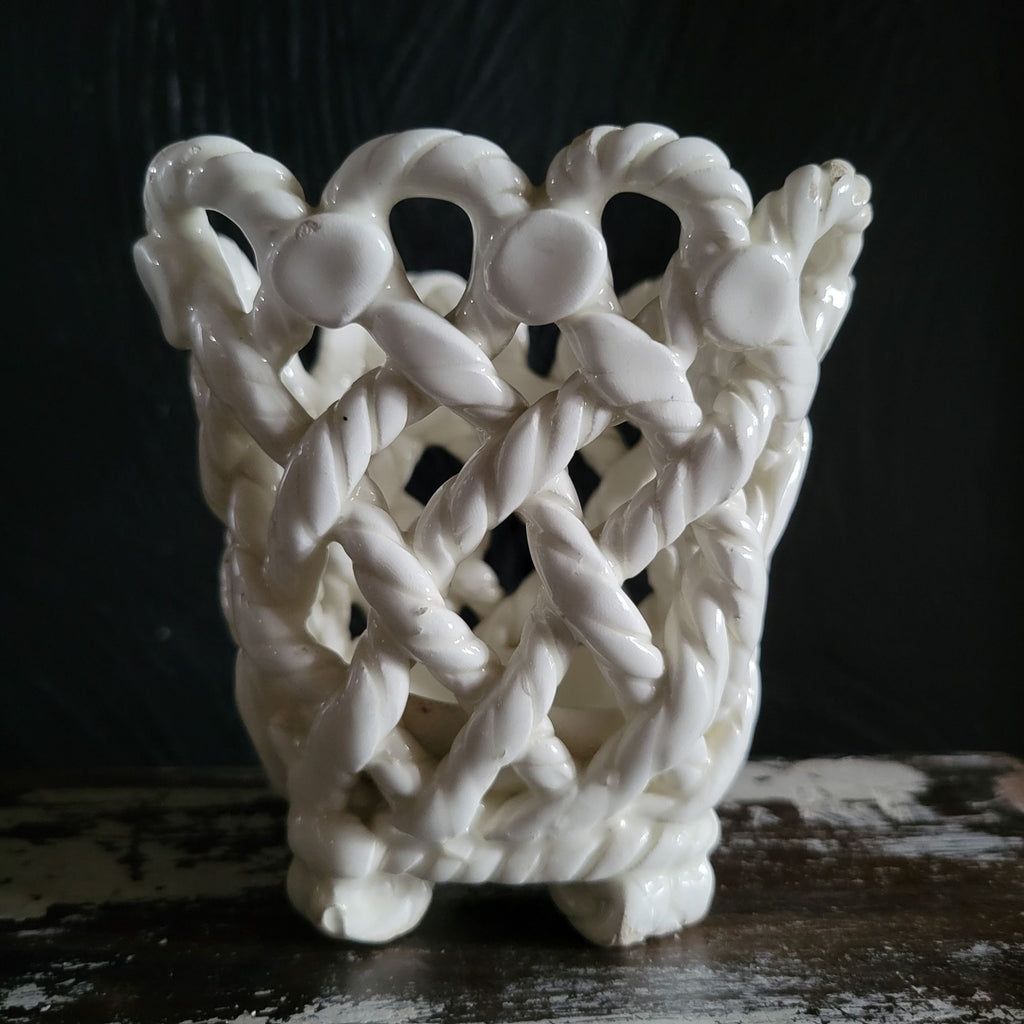 Vintage White Braided Rope Pottery Basket Vase Footed 4.25" Handmade From Spain