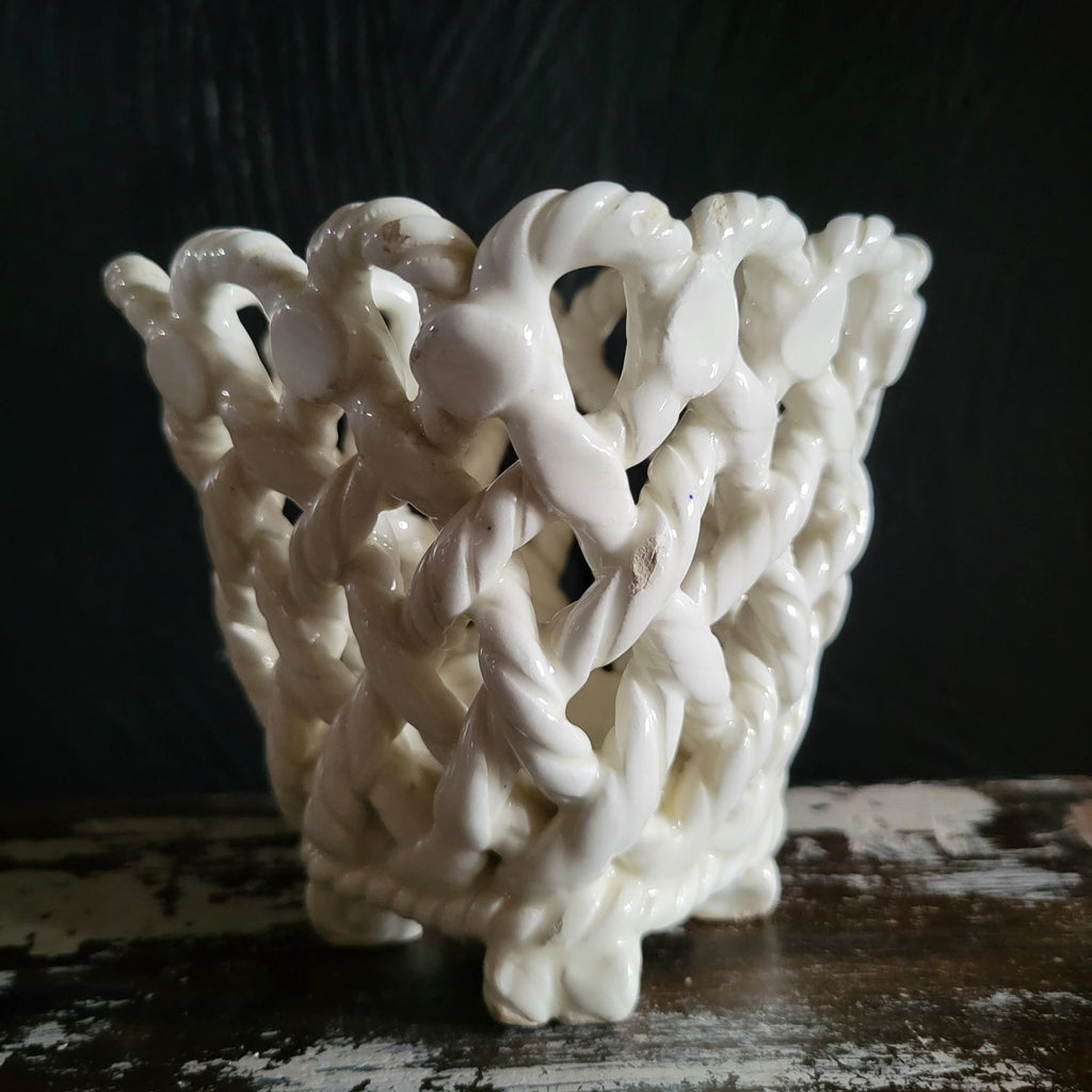Vintage White Braided Rope Pottery Basket Vase Footed 4.25" Handmade From Spain