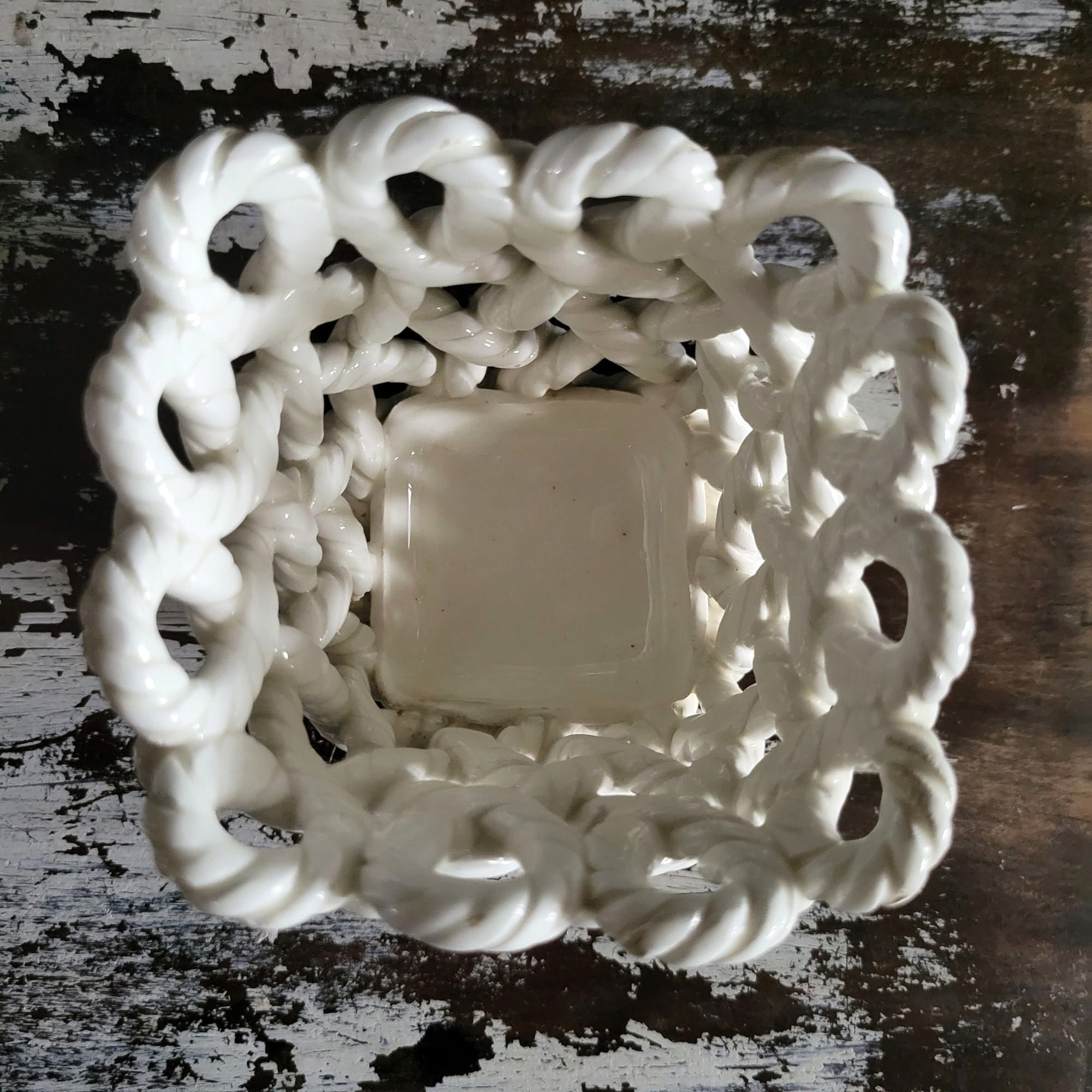 Vintage White Braided Rope Pottery Basket Vase Footed 4.25" Handmade From Spain
