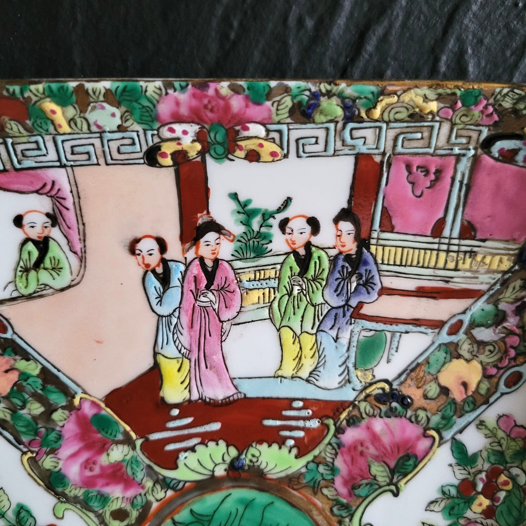 Vintage Chinese Rose Medallion Porcelain Plate Grandmillennial Chinoiserie Heavy