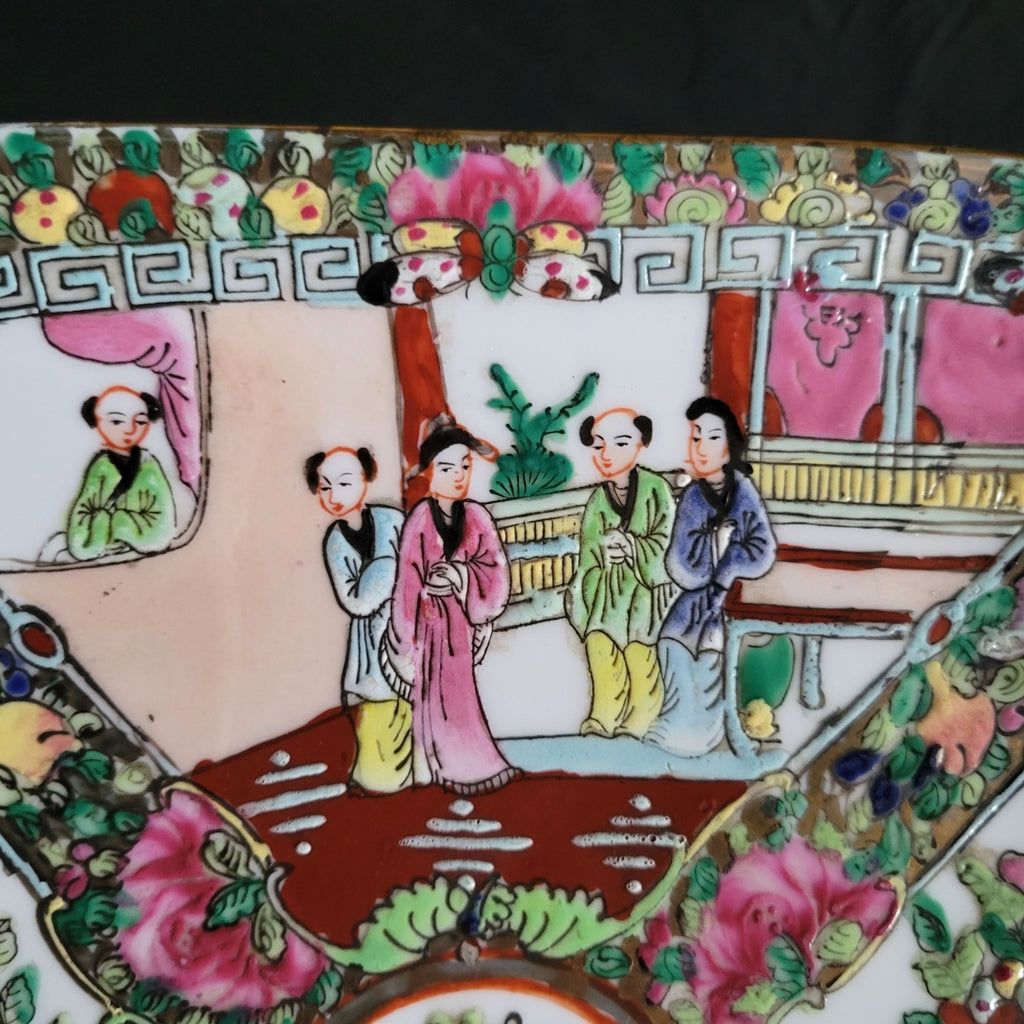 Vintage Chinese Rose Medallion Porcelain Plate Grandmillennial Chinoiserie Heavy