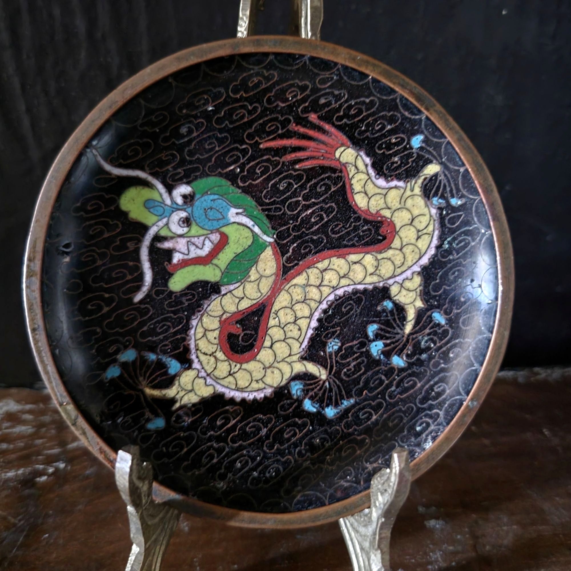 Chinese Cloisonné Enamel Hand-Painted on Metal Dragon 3.75" Trinket Dish *Read