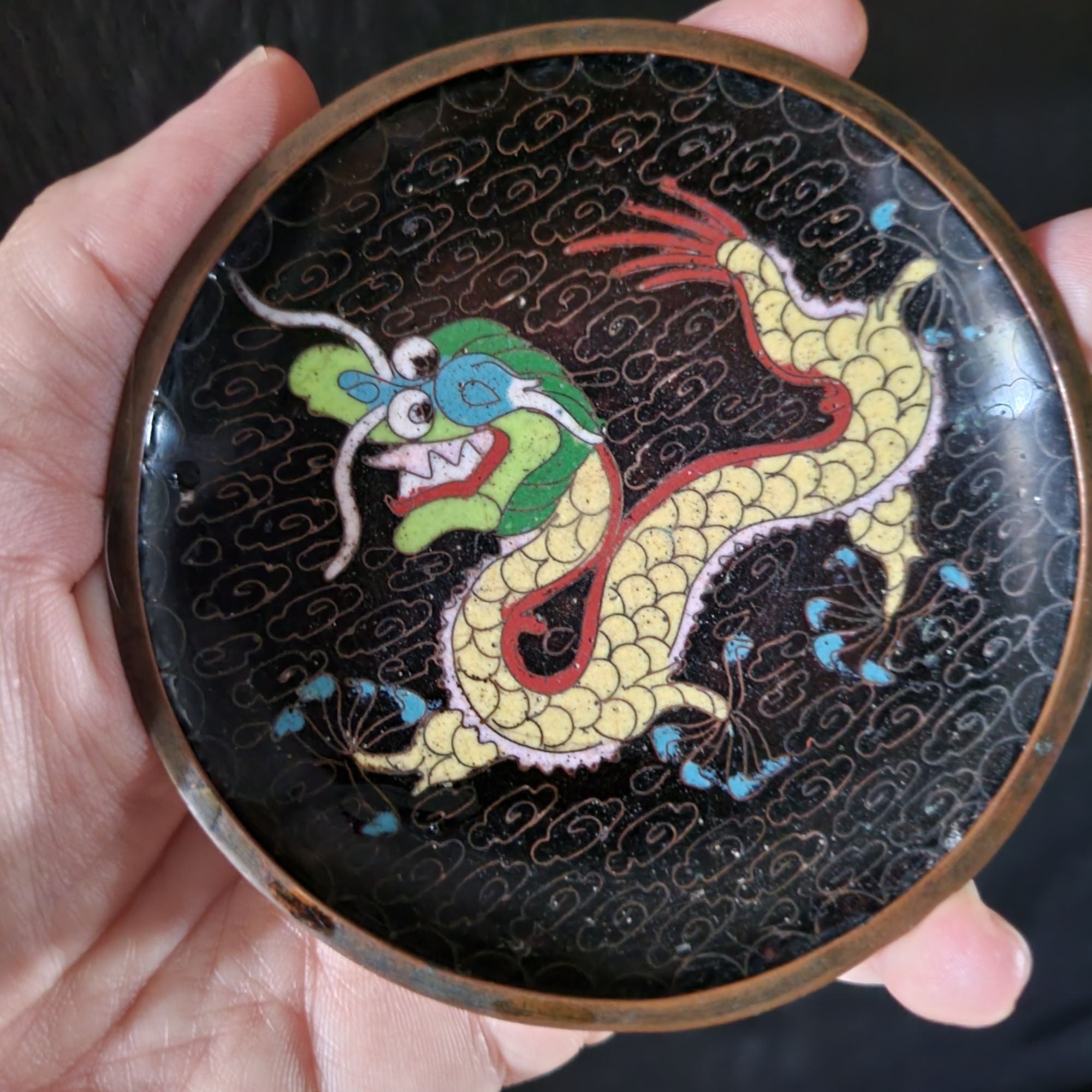 Chinese Cloisonné Enamel Hand-Painted on Metal Dragon 3.75" Trinket Dish *Read