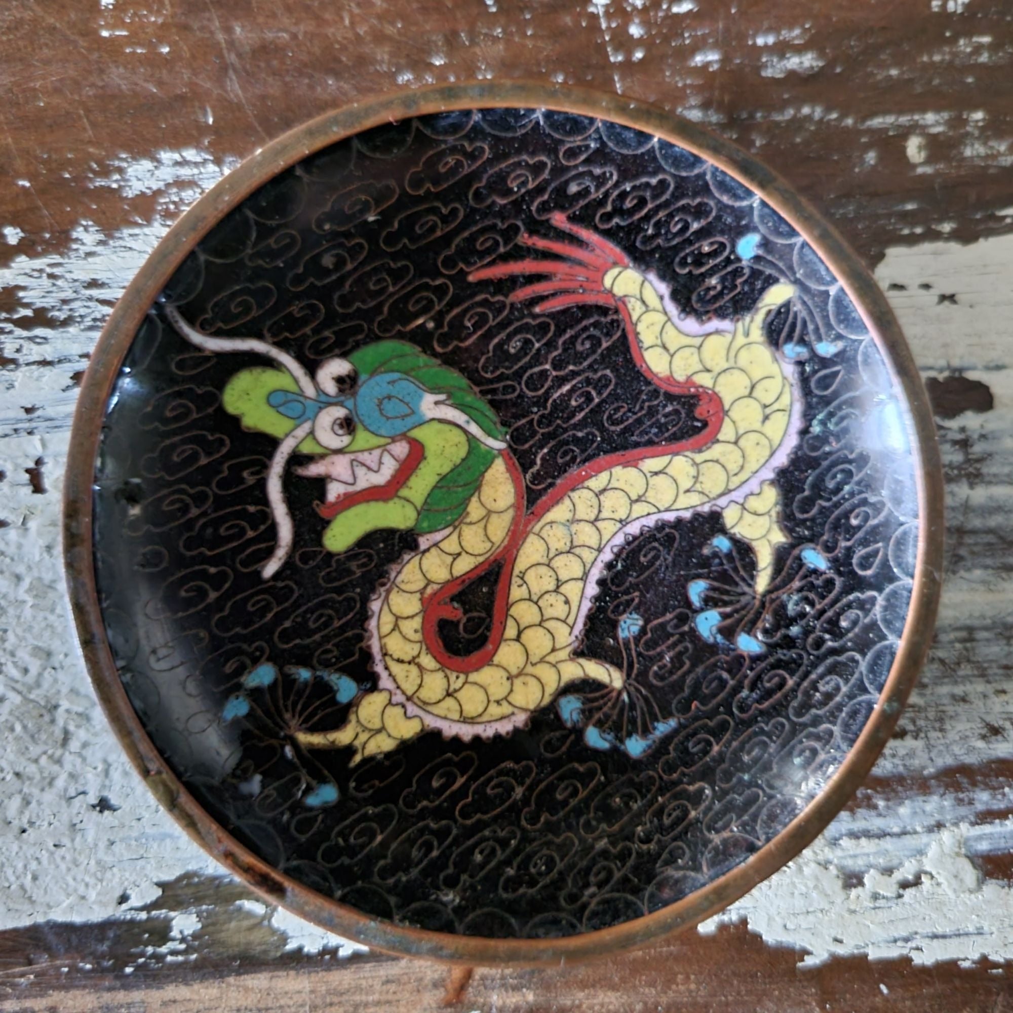 Chinese Cloisonné Enamel Hand-Painted on Metal Dragon 3.75" Trinket Dish *Read