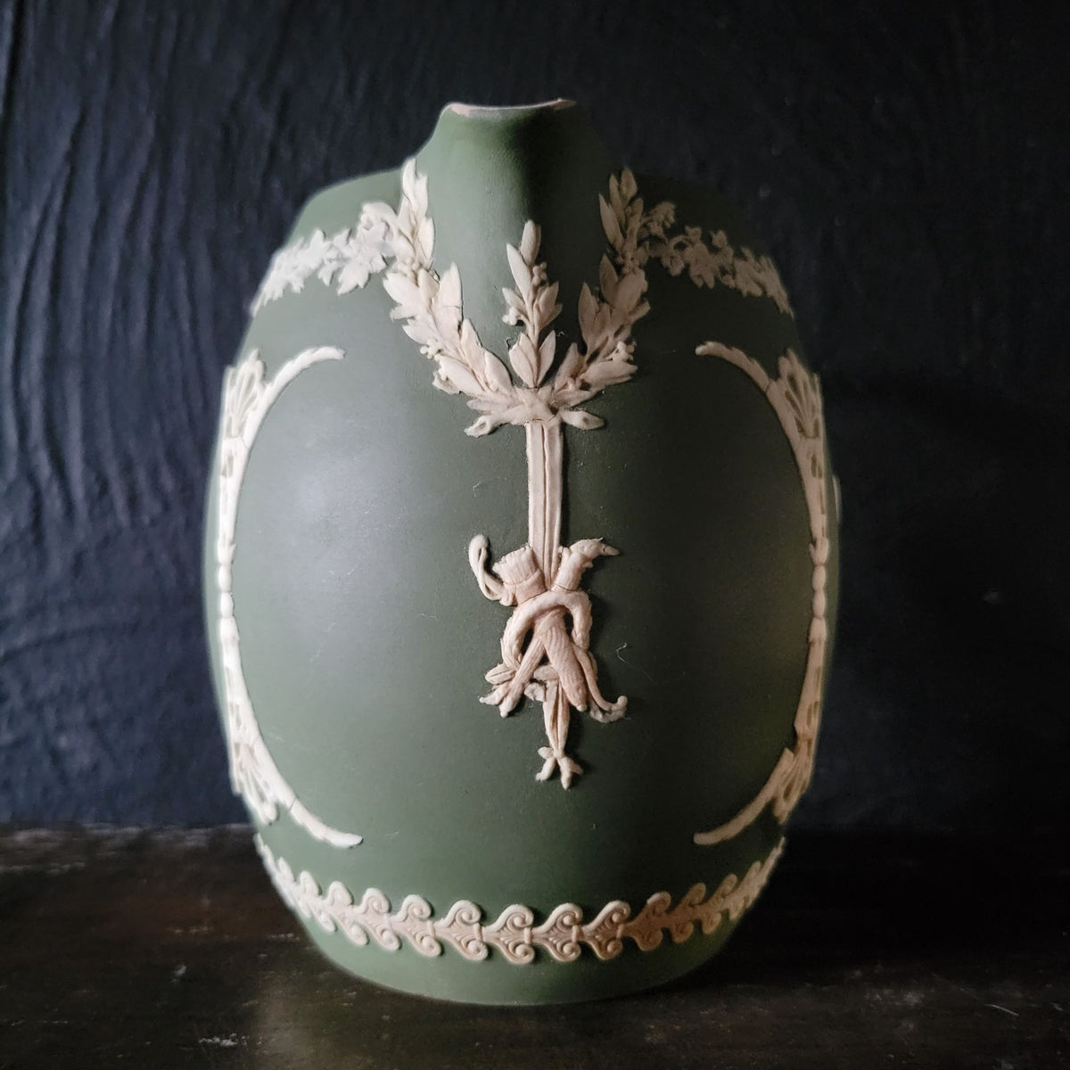 Antique Wedgwood Olive Green Jasperware Muses Trophy Emblem Jug Pitcher *Read