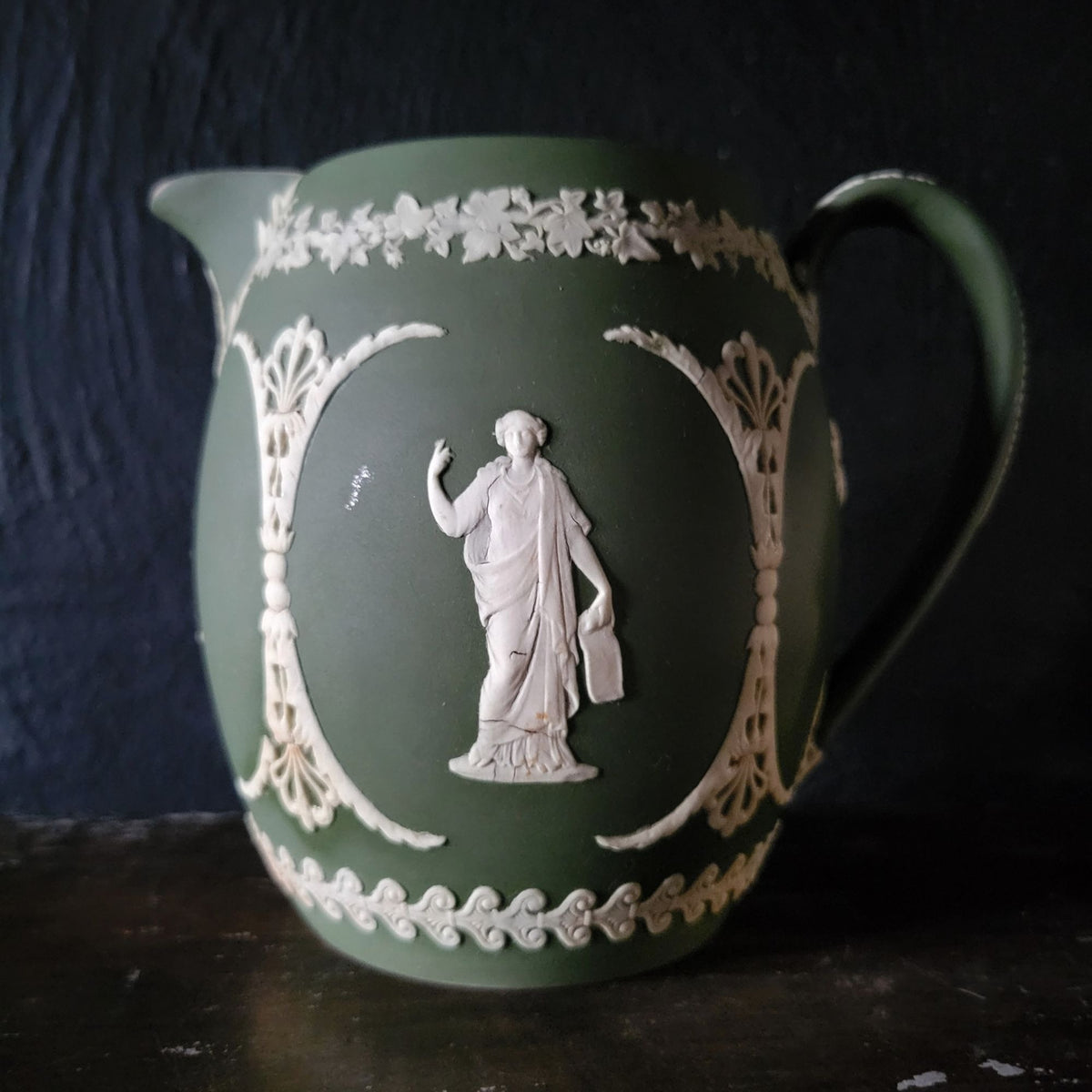Antique Wedgwood Olive Green Jasperware Muses Trophy Emblem Jug Pitcher *Read