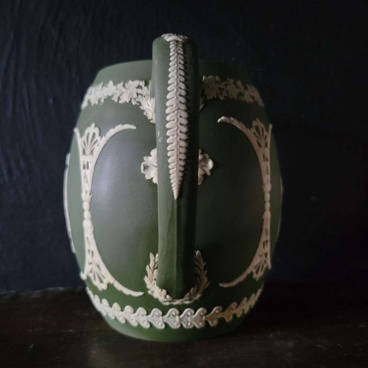 Antique Wedgwood Olive Green Jasperware Muses Trophy Emblem Jug Pitcher *Read