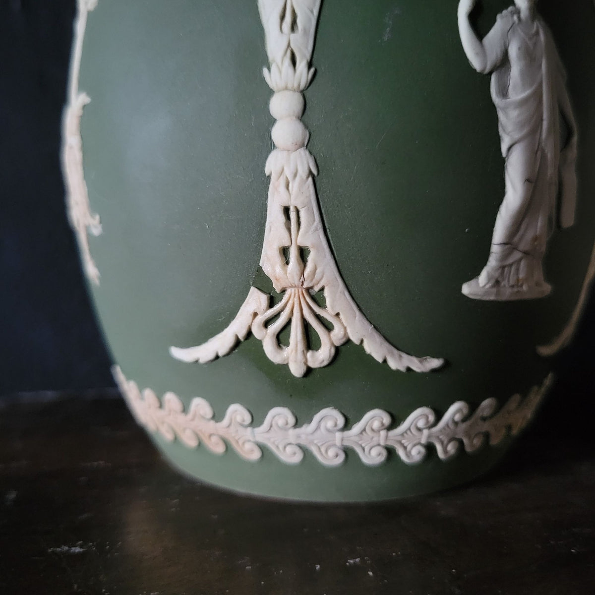 Antique Wedgwood Olive Green Jasperware Muses Trophy Emblem Jug Pitcher *Read