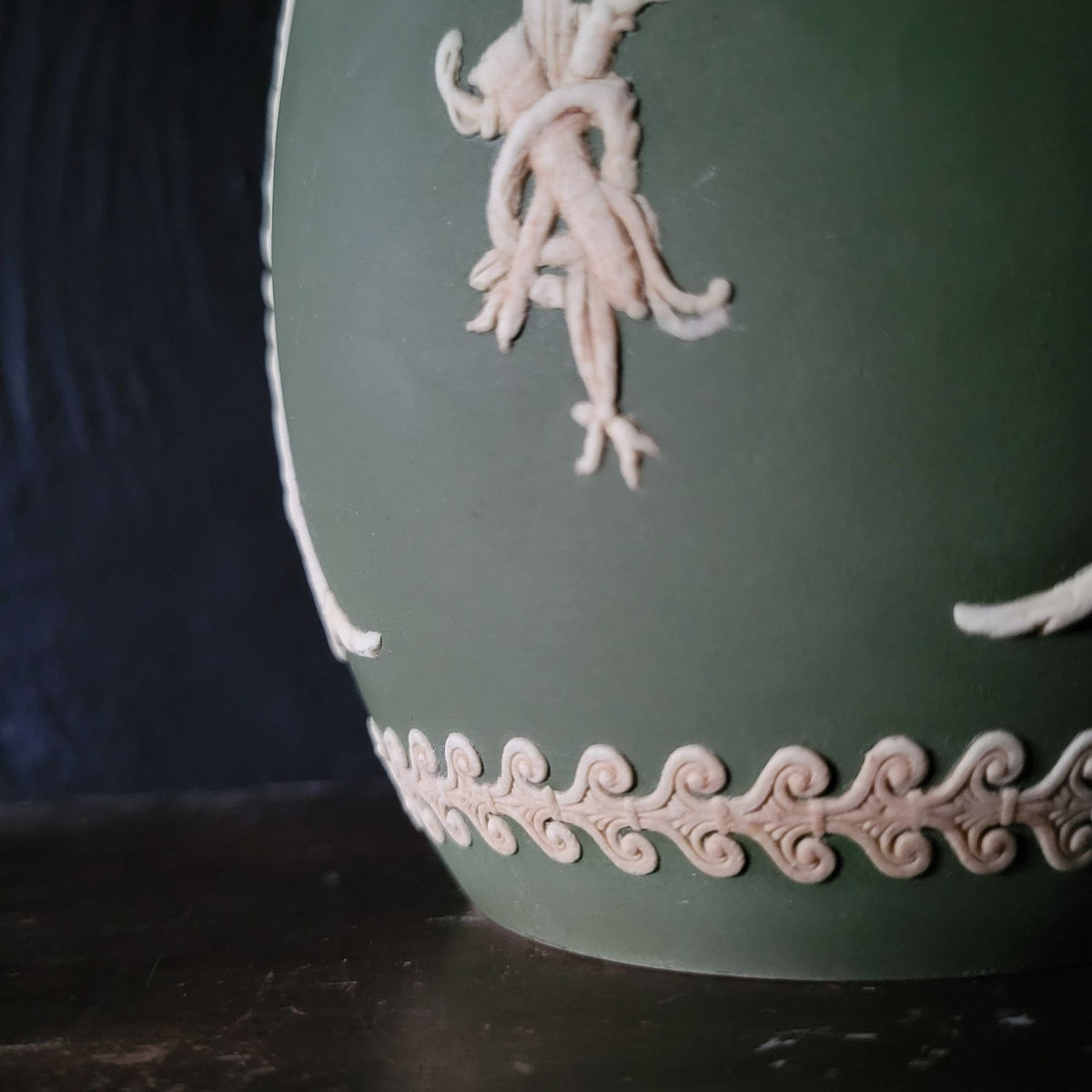 Antique Wedgwood Olive Green Jasperware Muses Trophy Emblem Jug Pitcher *Read