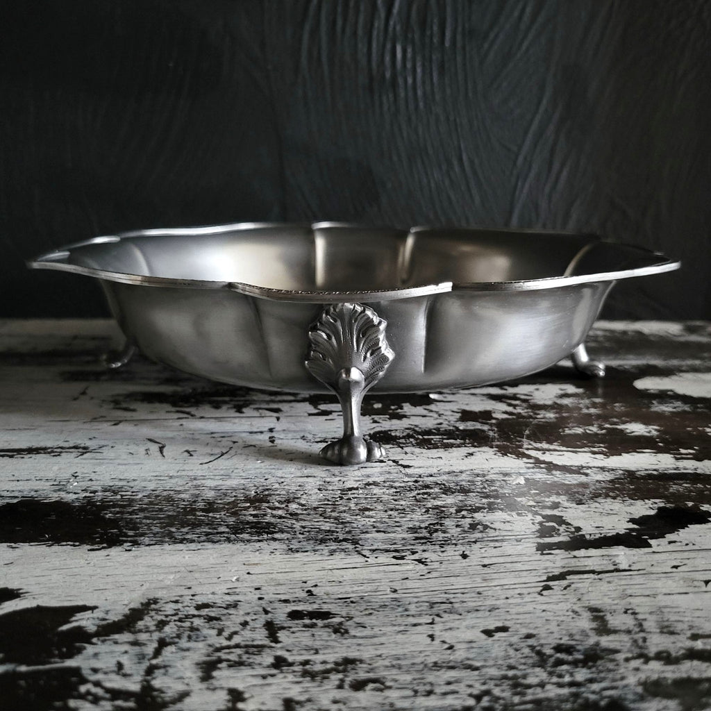 Vtg Footed Pewter Serving Bowl Centerpiece Bowl Ornate Details Scalloped Edges