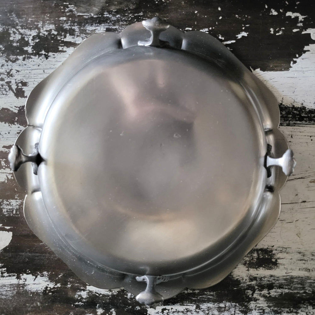 Vtg Footed Pewter Serving Bowl Centerpiece Bowl Ornate Details Scalloped Edges
