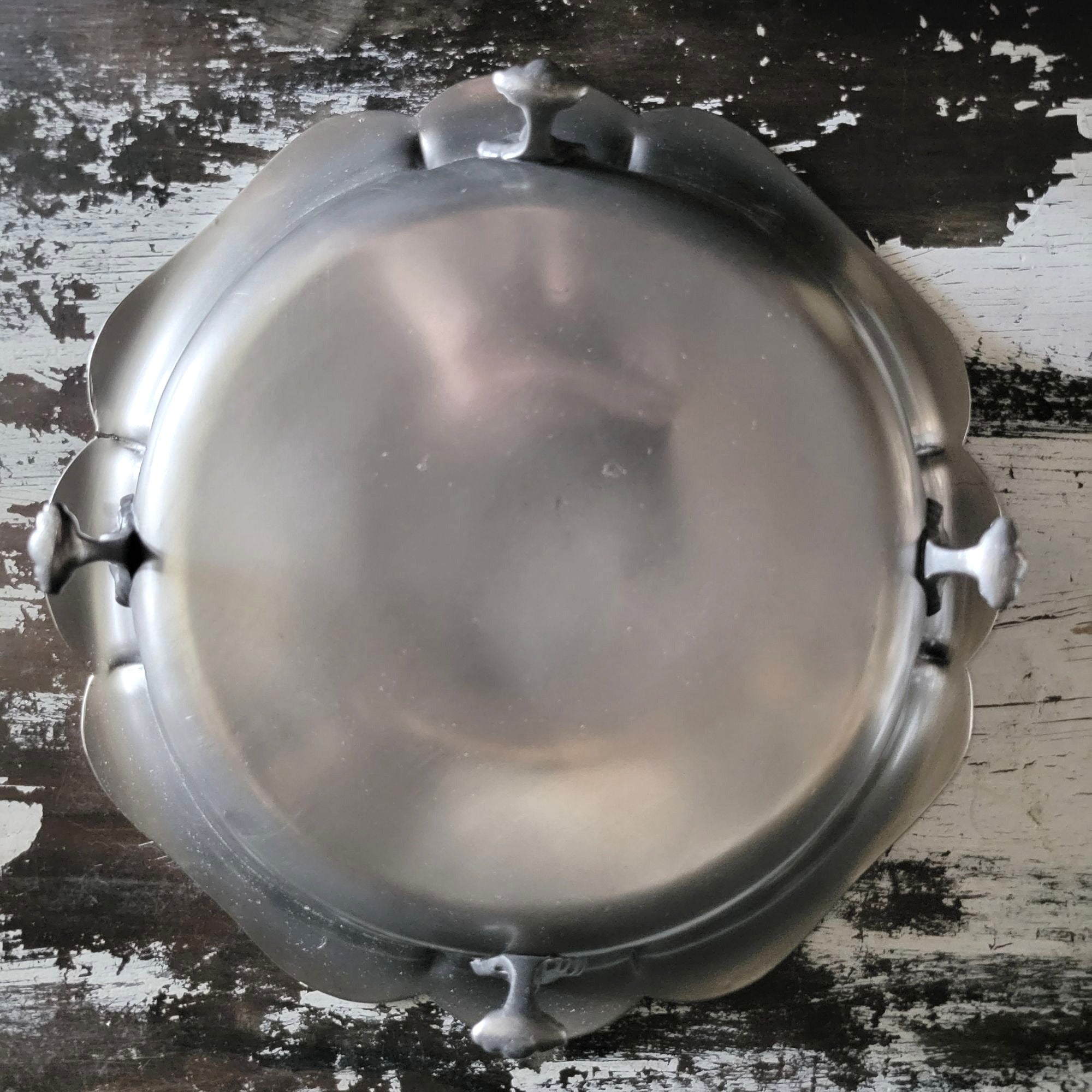 Vtg Footed Pewter Serving Bowl Centerpiece Bowl Ornate Details Scalloped Edges