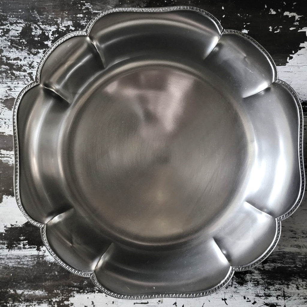 Vtg Footed Pewter Serving Bowl Centerpiece Bowl Ornate Details Scalloped Edges