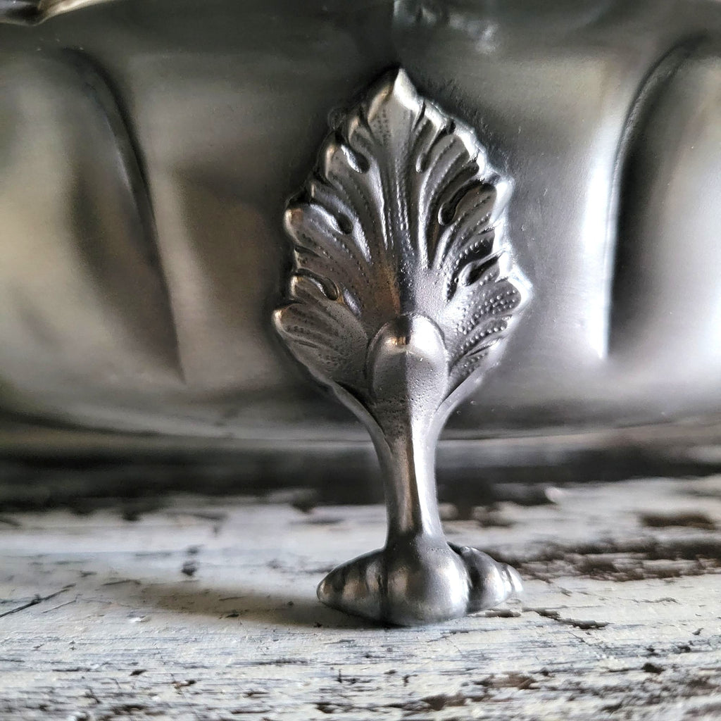 Vtg Footed Pewter Serving Bowl Centerpiece Bowl Ornate Details Scalloped Edges
