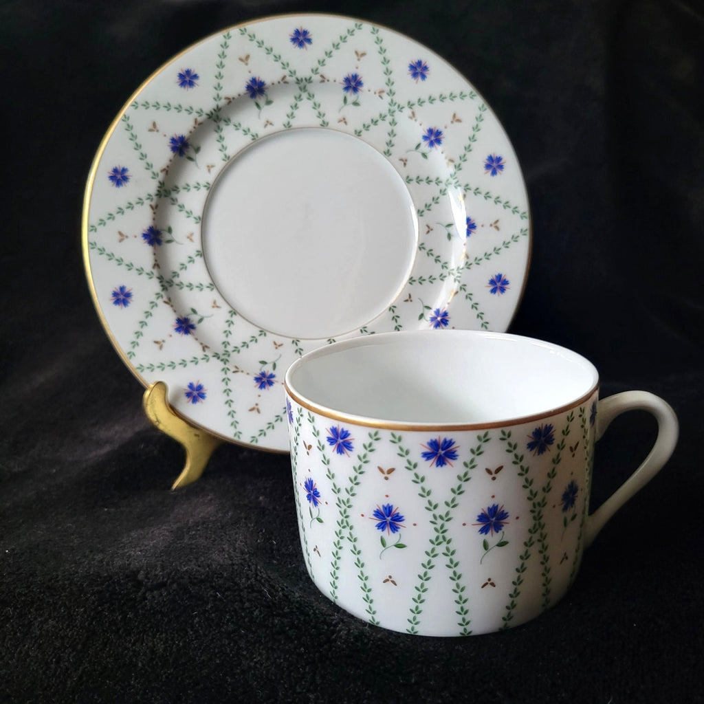 Philippe Deshoulieres Barbizon Flat Cup & Saucer Set With Blue Floral & Gold Accents