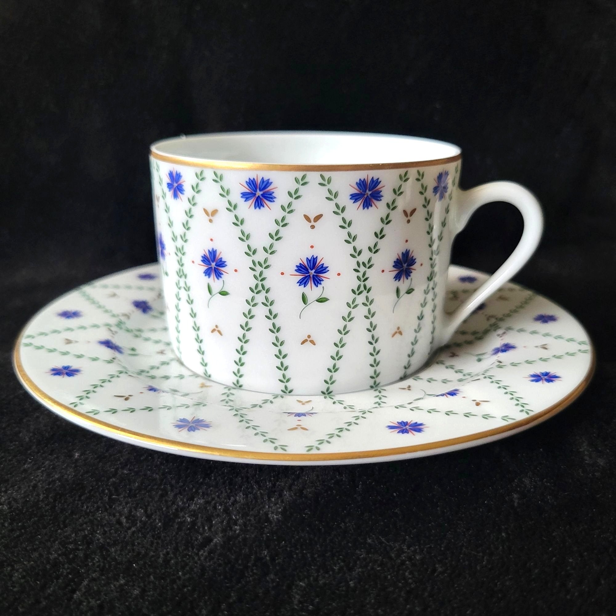 Philippe Deshoulieres Barbizon Flat Cup & Saucer Set With Blue Floral & Gold Accents