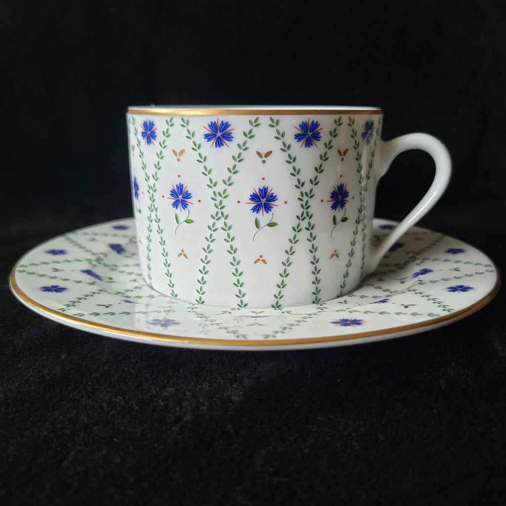 Philippe Deshoulieres Barbizon Flat Cup & Saucer Set With Blue Floral & Gold Accents