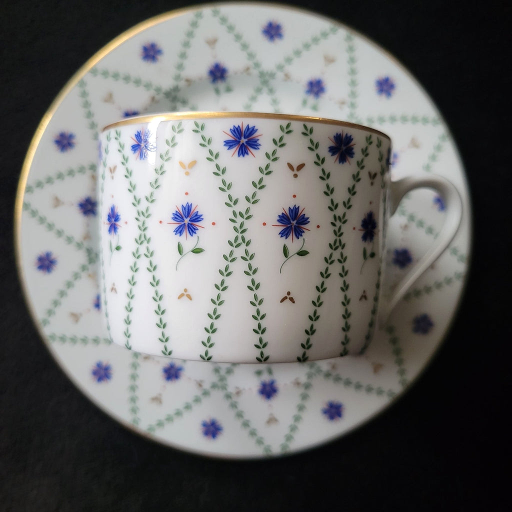 Philippe Deshoulieres Barbizon Flat Cup & Saucer Set With Blue Floral & Gold Accents