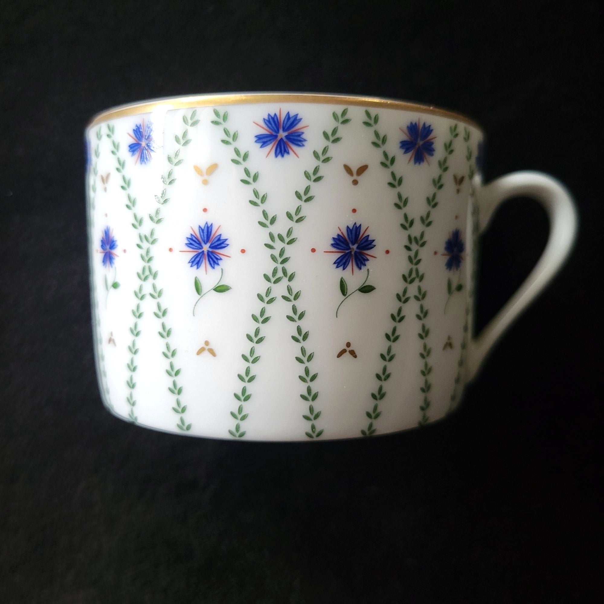Philippe Deshoulieres Barbizon Flat Cup & Saucer Set With Blue Floral & Gold Accents