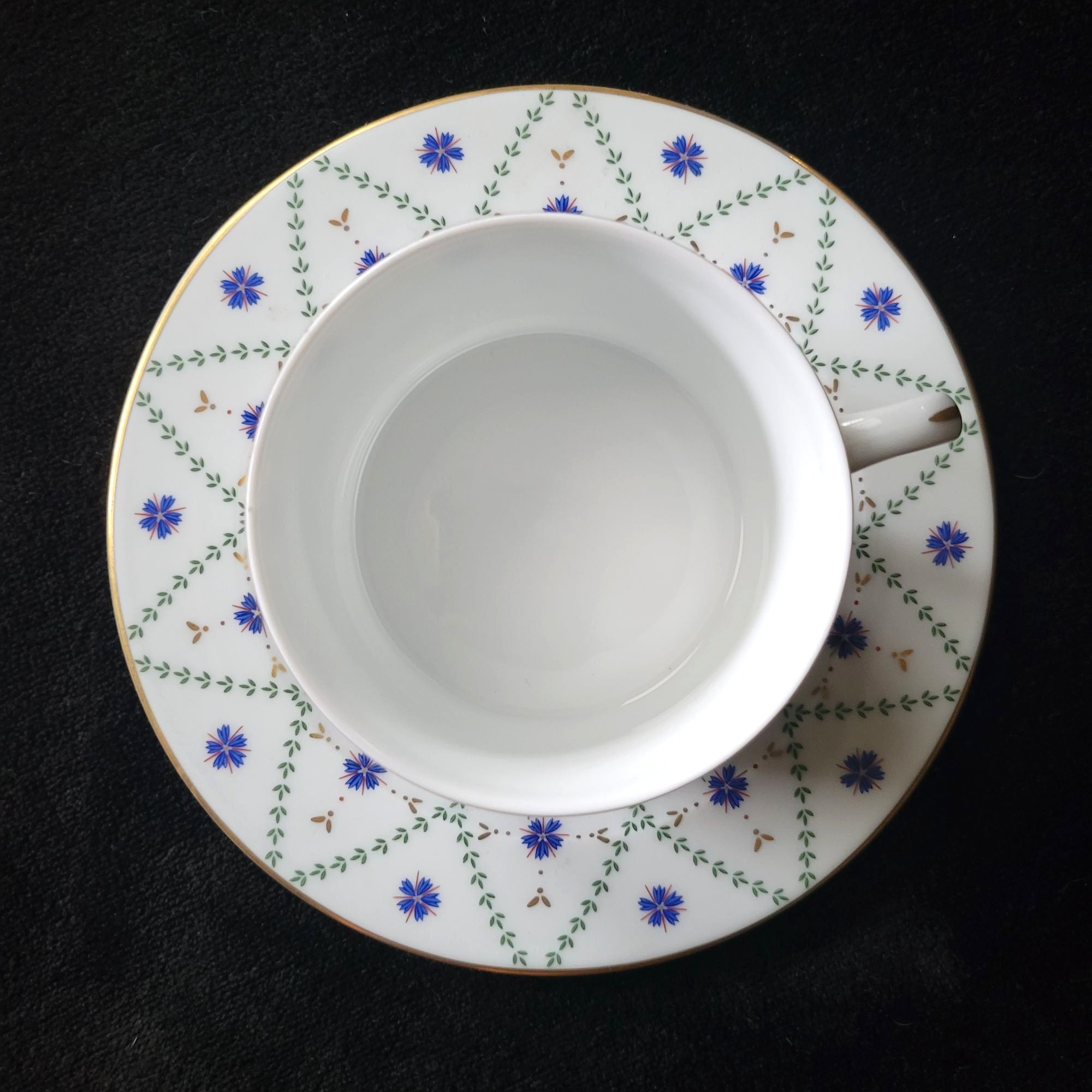Philippe Deshoulieres Barbizon Flat Cup & Saucer Set With Blue Floral & Gold Accents