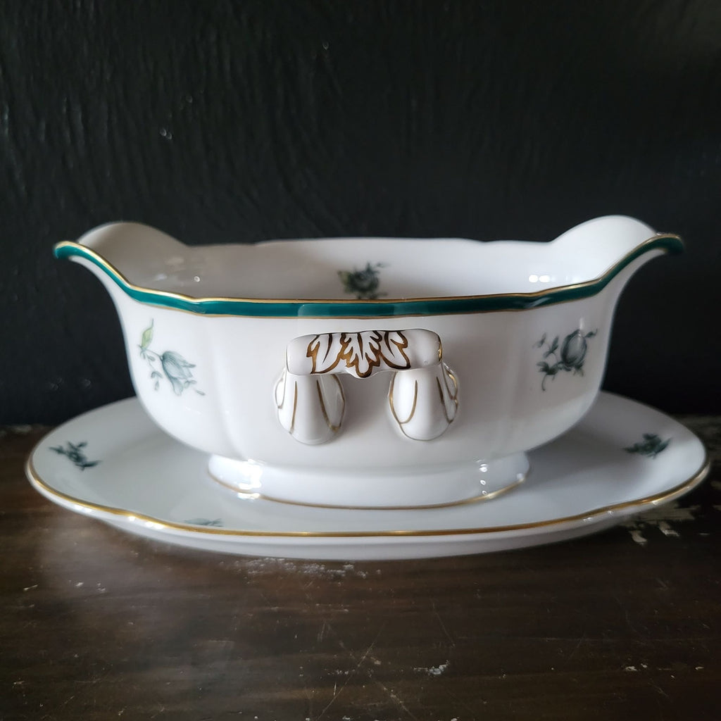 Vintage Royal Bayreuth Teal Tulip Gravy Boat With Attached Underplate