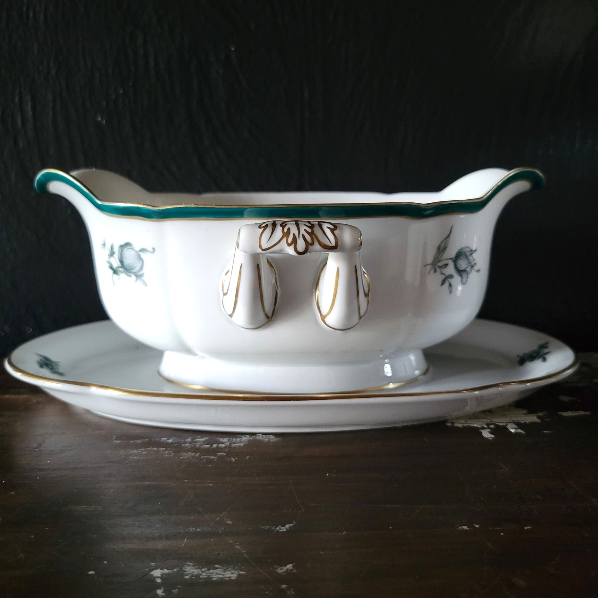 Vintage Royal Bayreuth Teal Tulip Gravy Boat With Attached Underplate