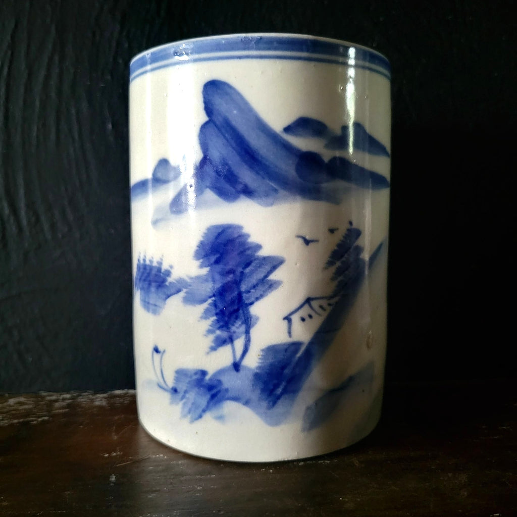Large Vtg Chinese Brush Pot, Blue and White Chinoiserie Utensil Holder 5.5"