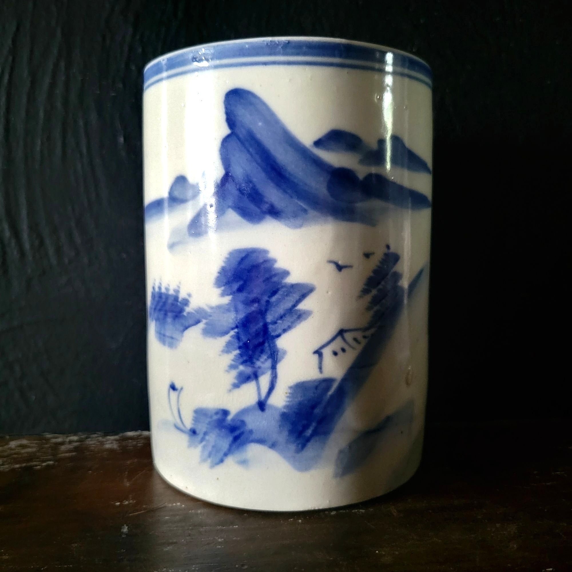 Large Vtg Chinese Brush Pot, Blue and White Chinoiserie Utensil Holder 5.5"