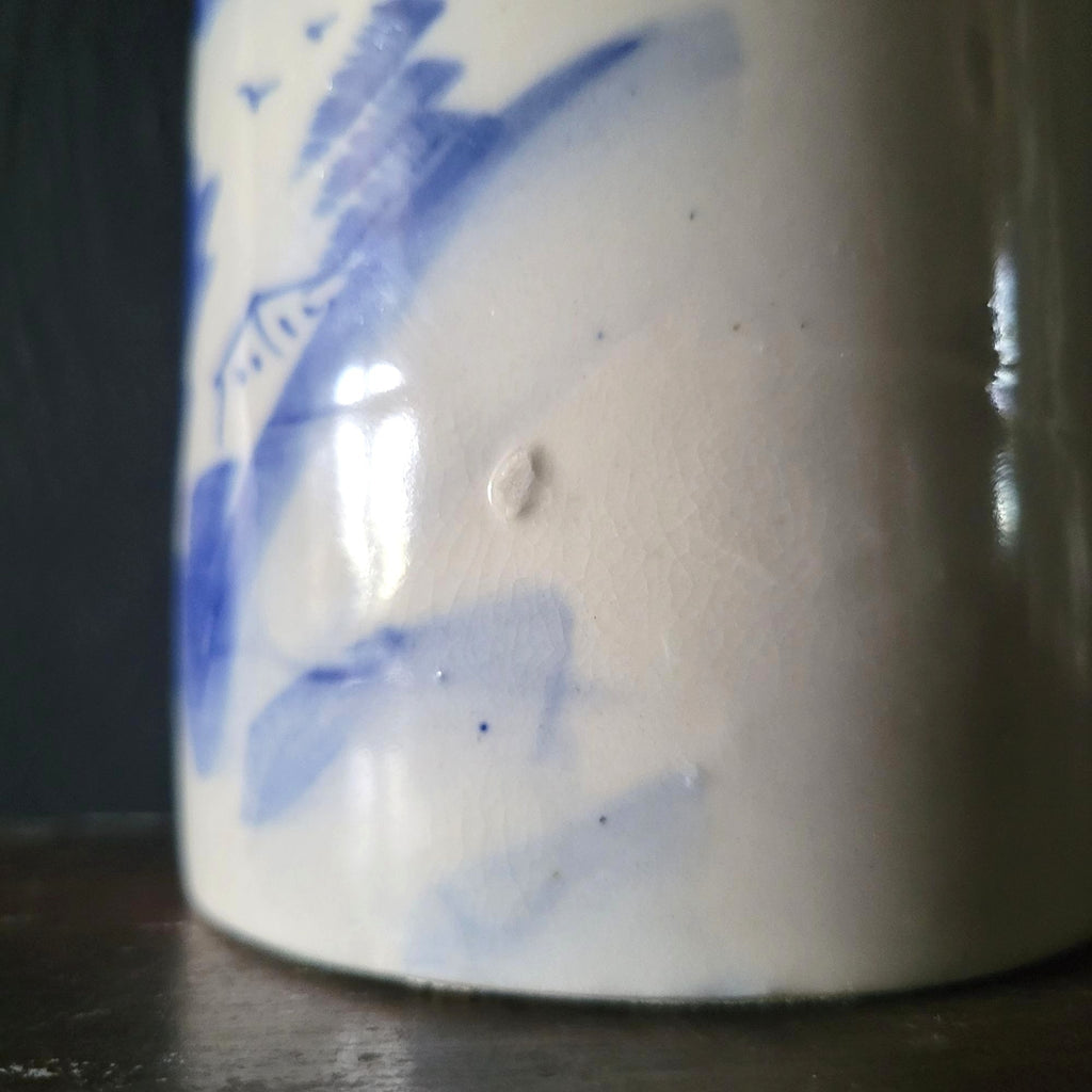 Large Vtg Chinese Brush Pot, Blue and White Chinoiserie Utensil Holder 5.5"
