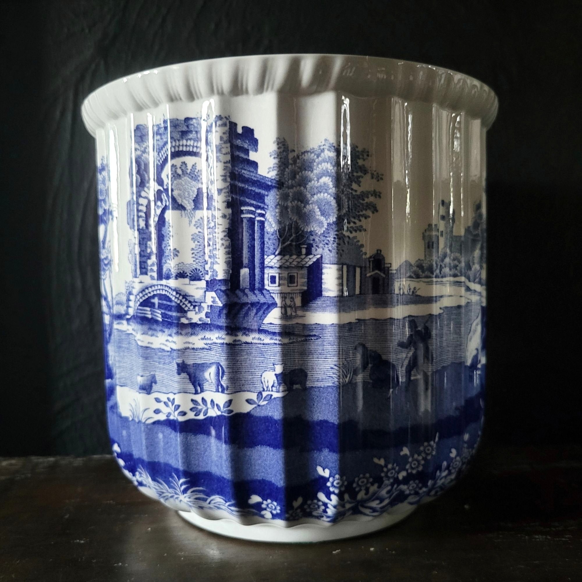 Large Vtg Spode Blue Italian Cachepot Fluted English Blue And White Planter 6.5"
