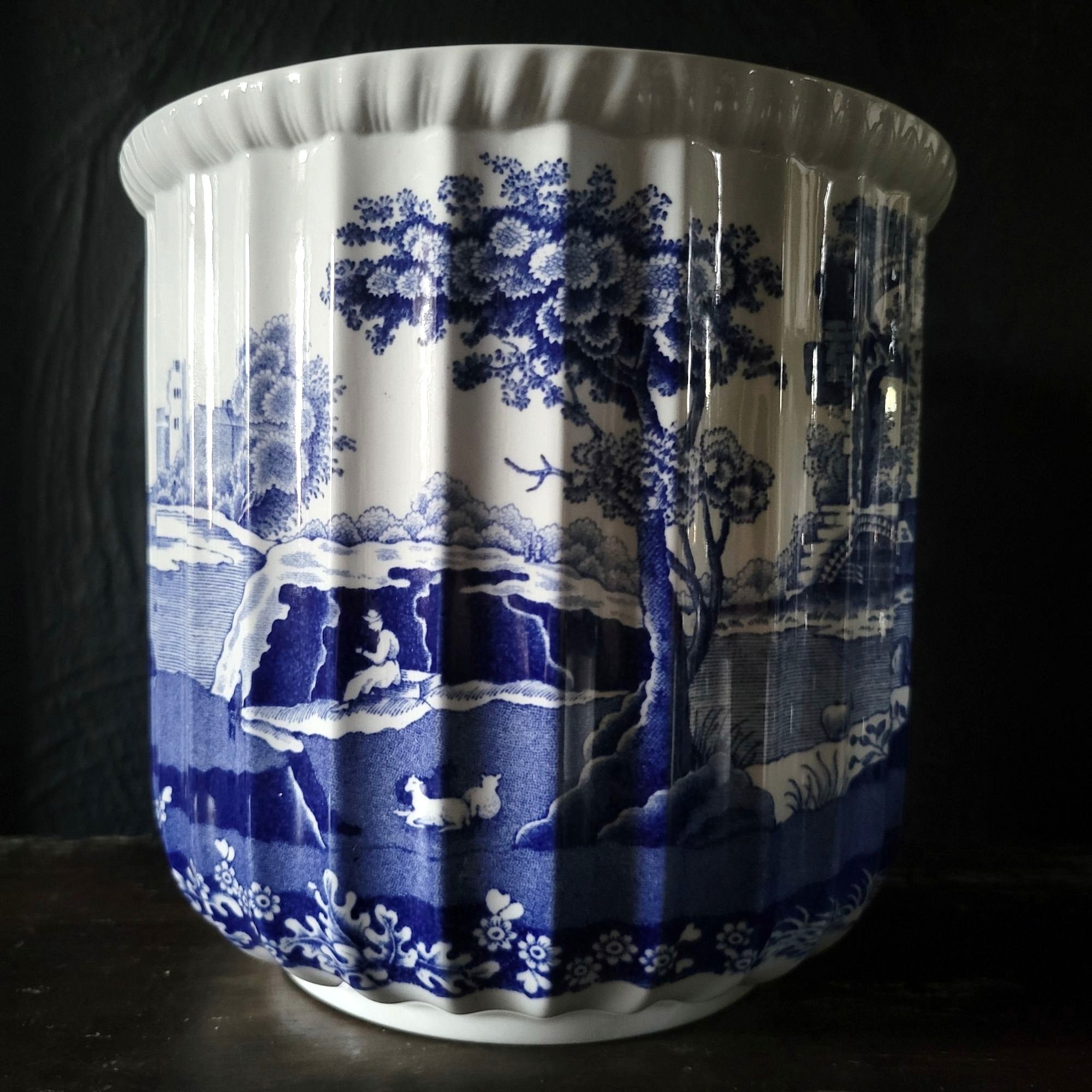 Large Vtg Spode Blue Italian Cachepot Fluted English Blue And White Planter 6.5"