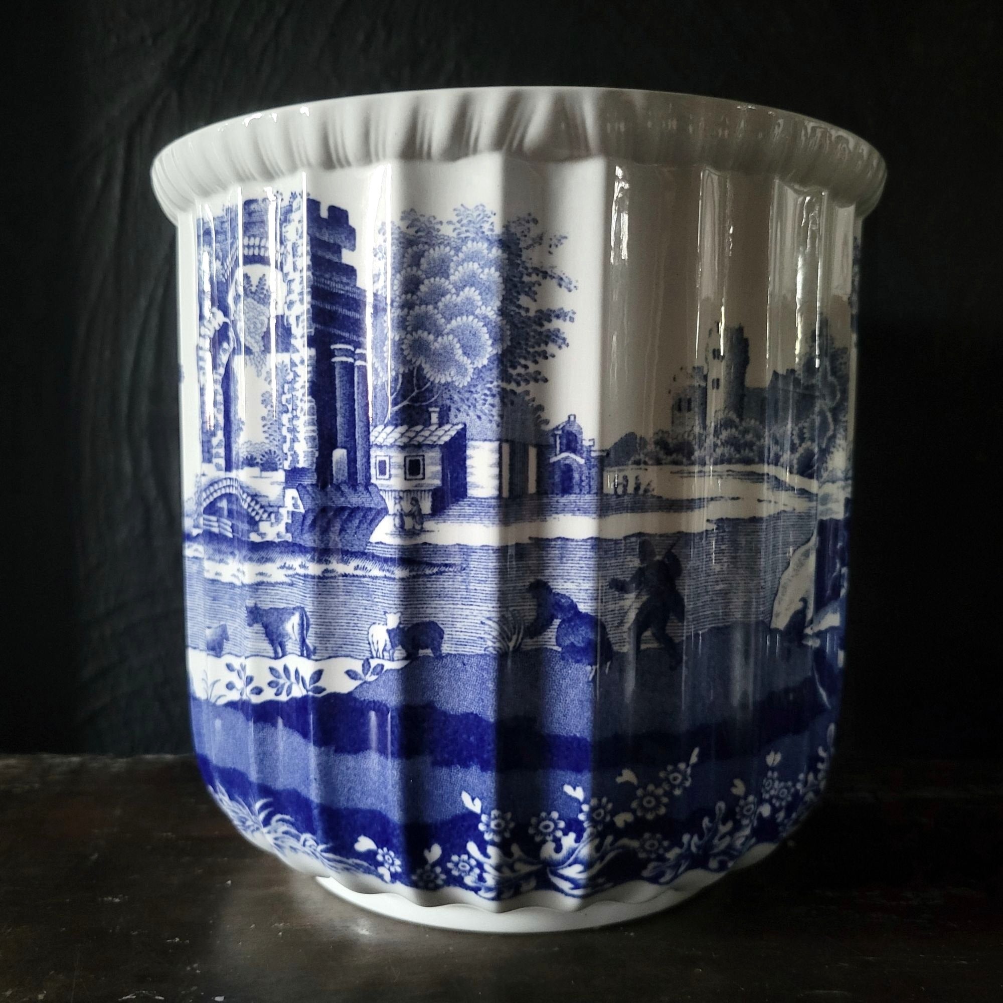 Large Vtg Spode Blue Italian Cachepot Fluted English Blue And White Planter 6.5"