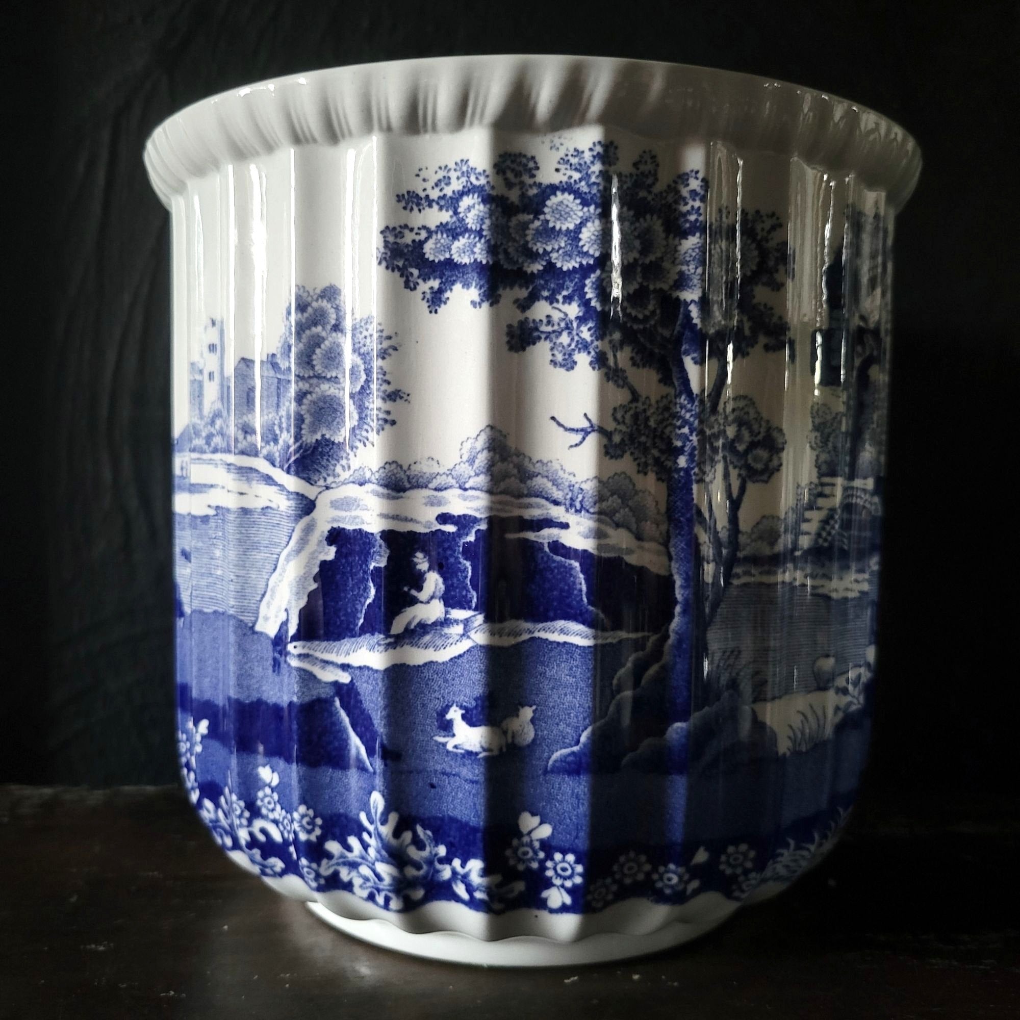 Large Vtg Spode Blue Italian Cachepot Fluted English Blue And White Planter 6.5"