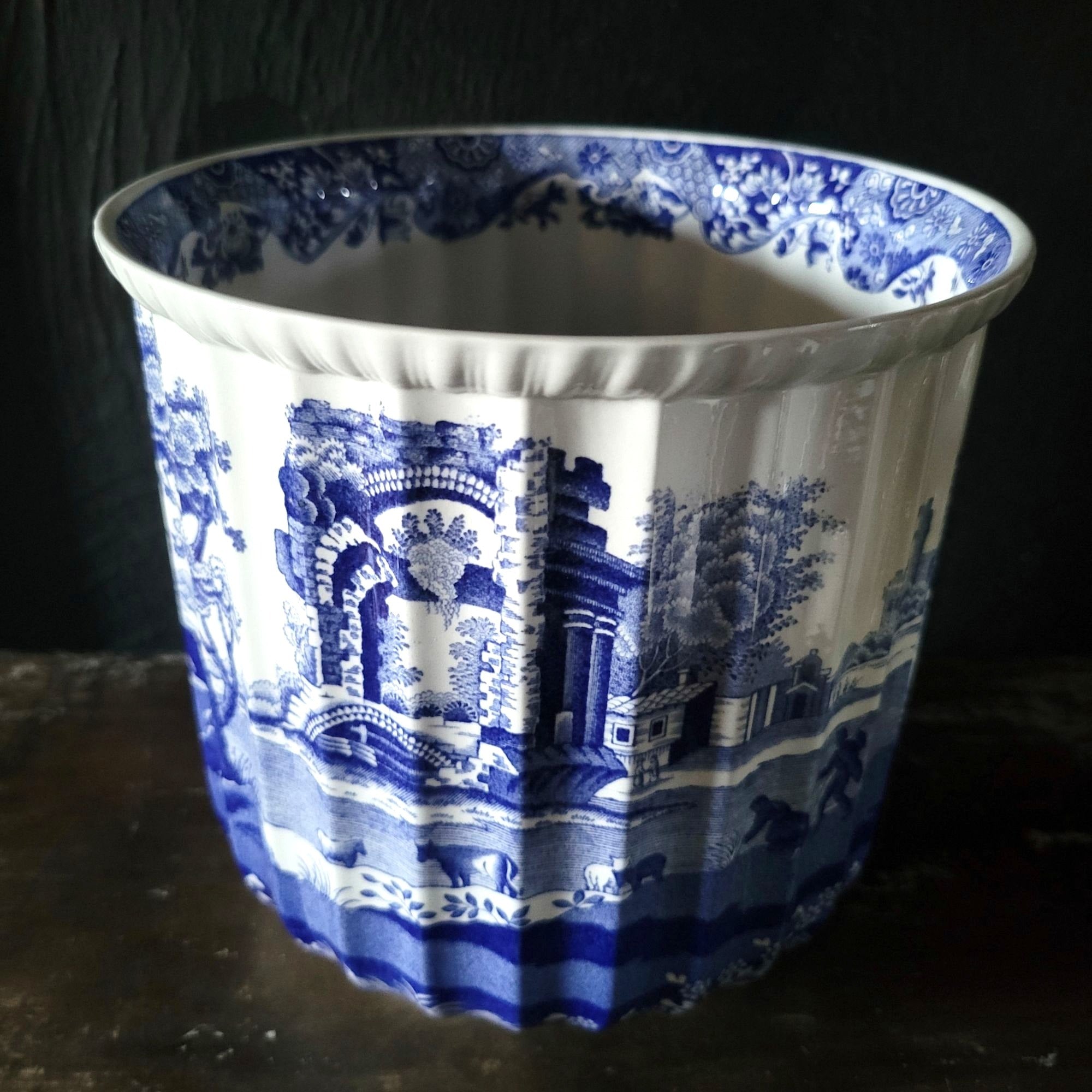 Large Vtg Spode Blue Italian Cachepot Fluted English Blue And White Planter 6.5"