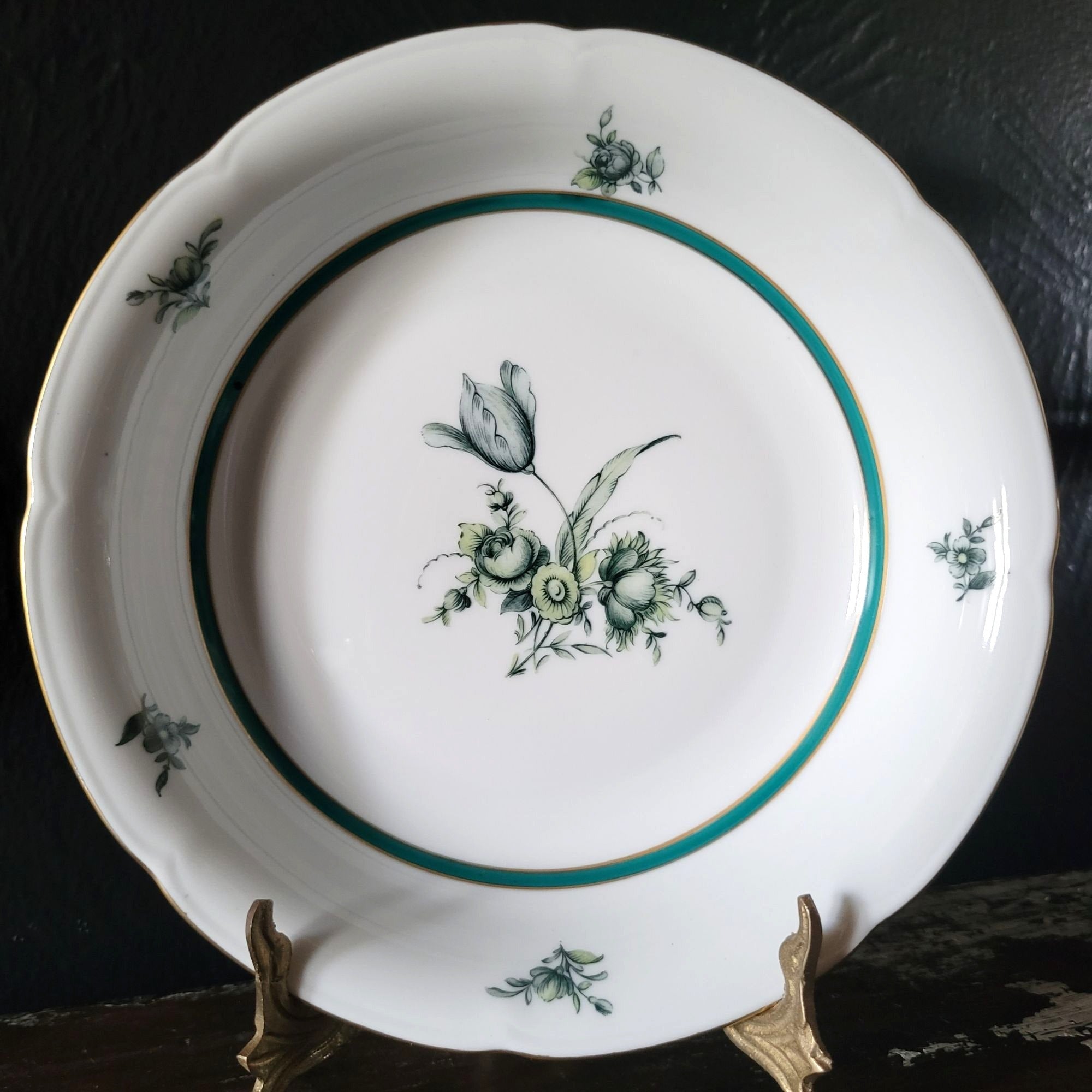 Vintage Royal Bayreuth Teal Tulip Coupe Bowl 7.625" Floral Design With Gold Trim