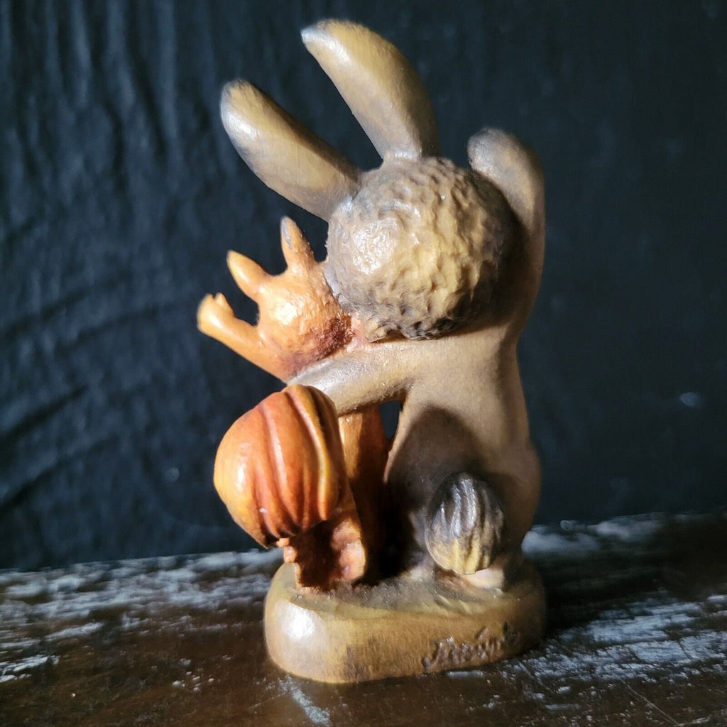 Vintage Greetings ANRI Ferrandiz Wood Carved Figurine - Rabbit & Squirrel Waving  M