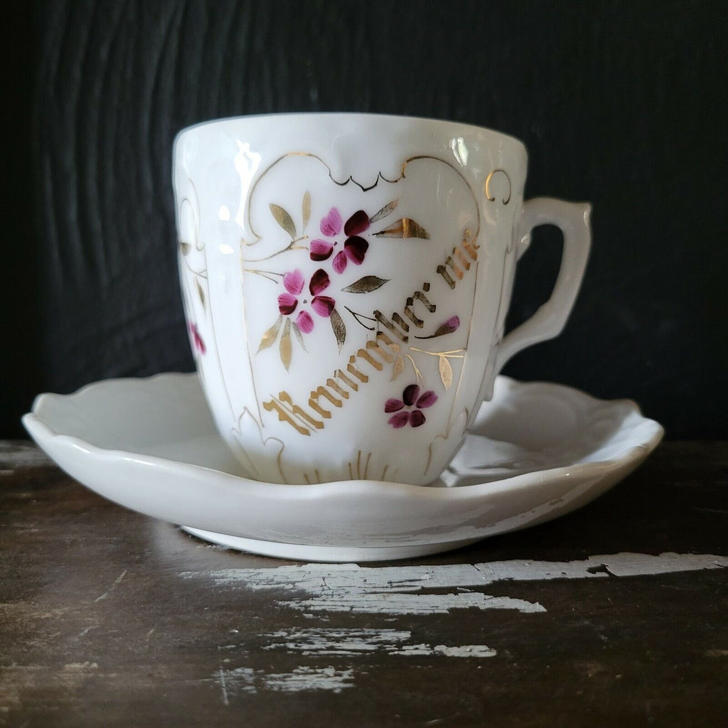 Antique Mustache Cup and Saucer "Remember Me" Flowers, Germany Mustache Mug