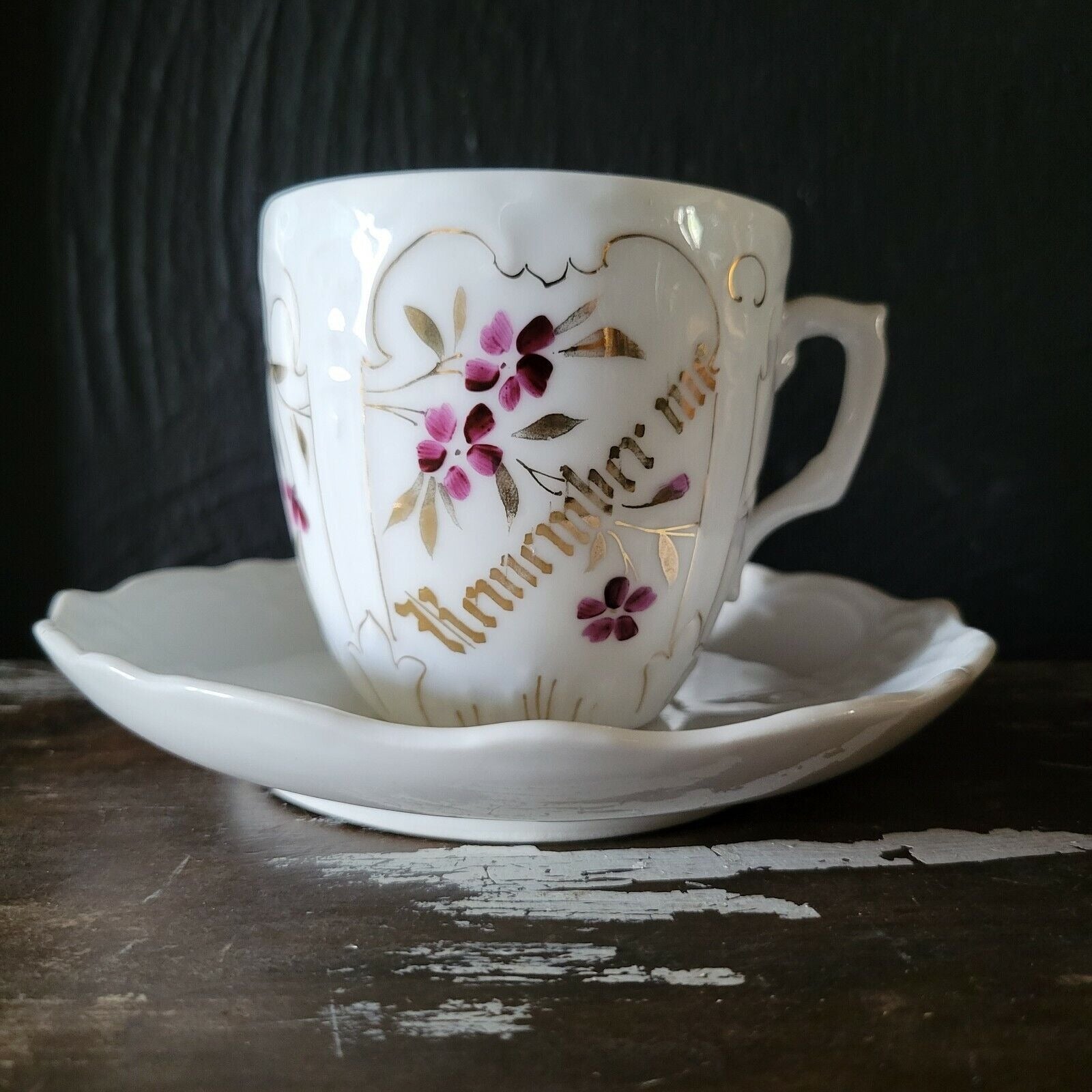 Antique Mustache Cup and Saucer "Remember Me" Flowers, Germany Mustache Mug